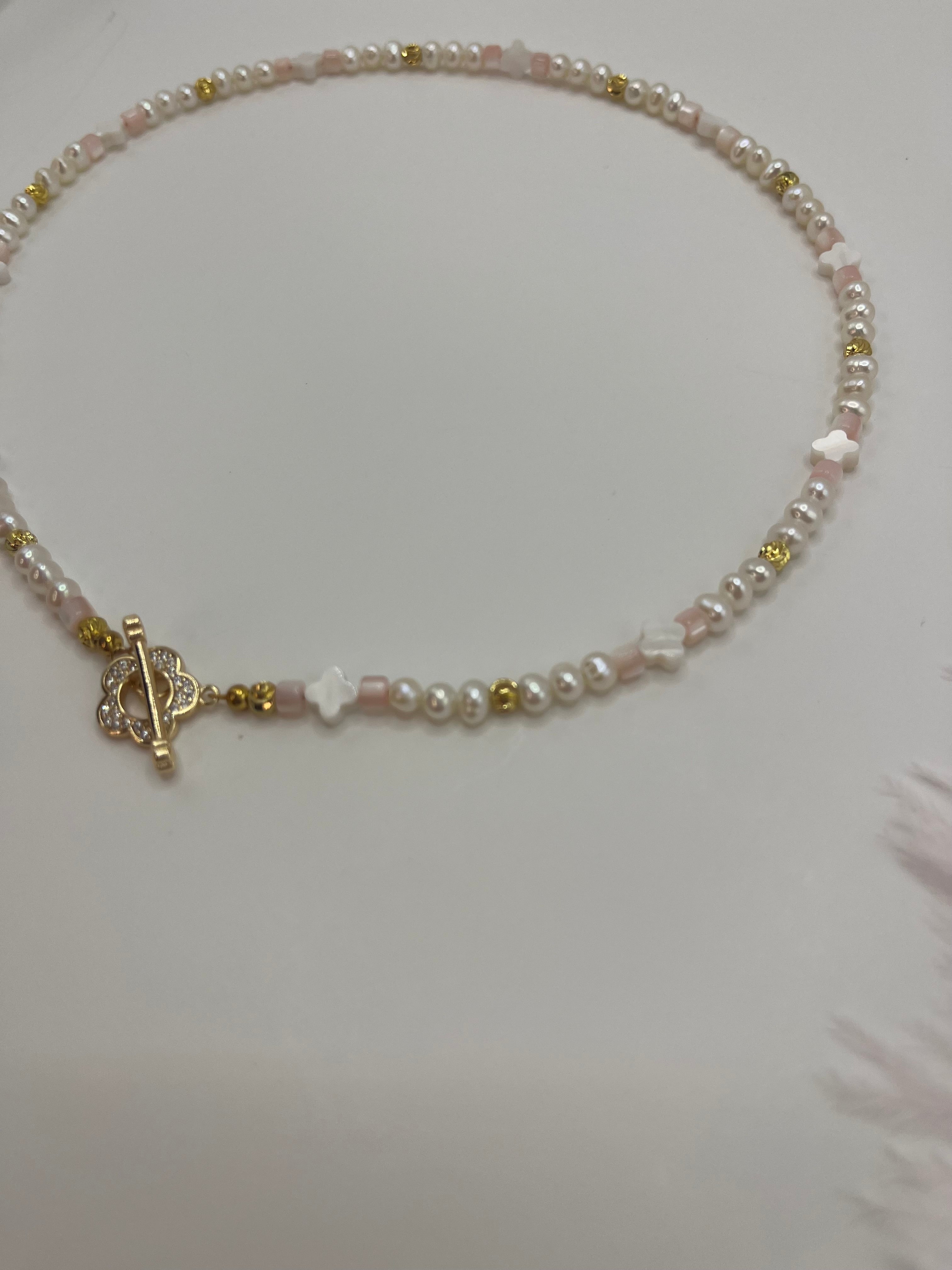 Freshwater Pearl & Shell Necklace with 18K Gold Plated Flower Toggle