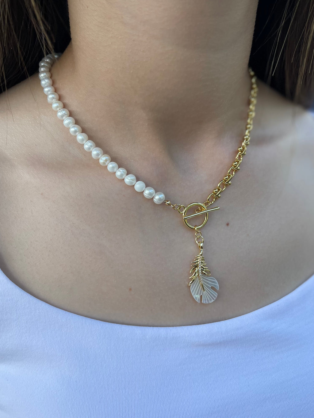 Asymmetrical Pearl Necklace with Feather Pendant, 18K Gold Plated Chain