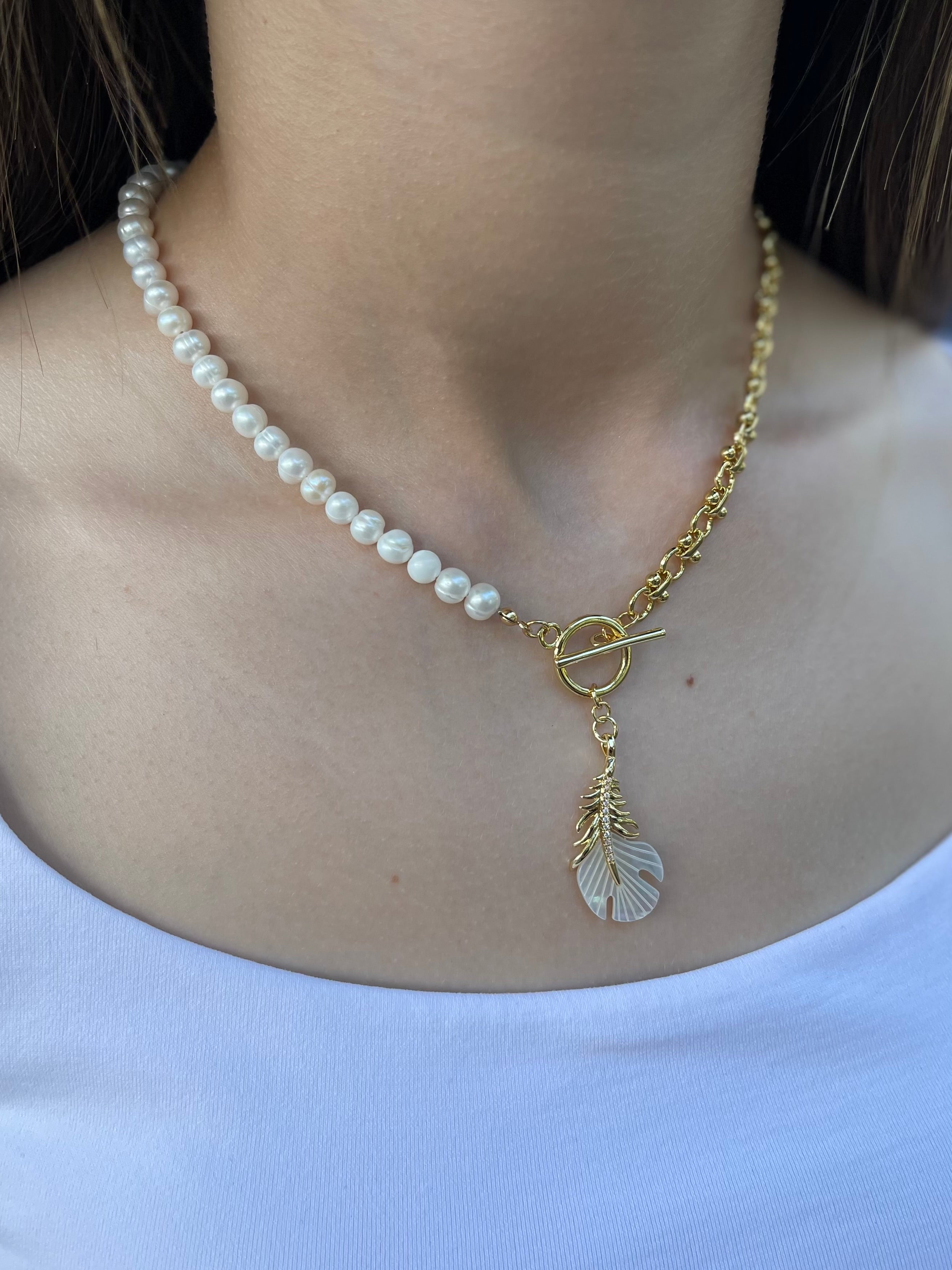 Asymmetrical Pearl Necklace with Feather Pendant, 18K Gold Plated Chain