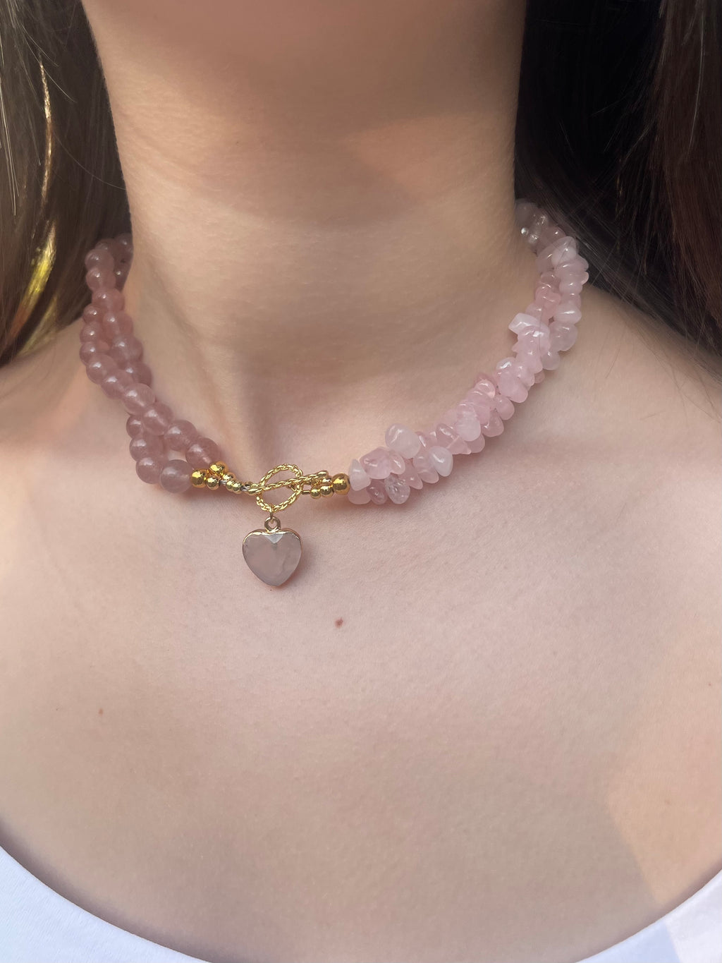 Asymmetrical Layered Strawberry Quartz Necklace with heart pendant: 18K Gold Plated Pendant