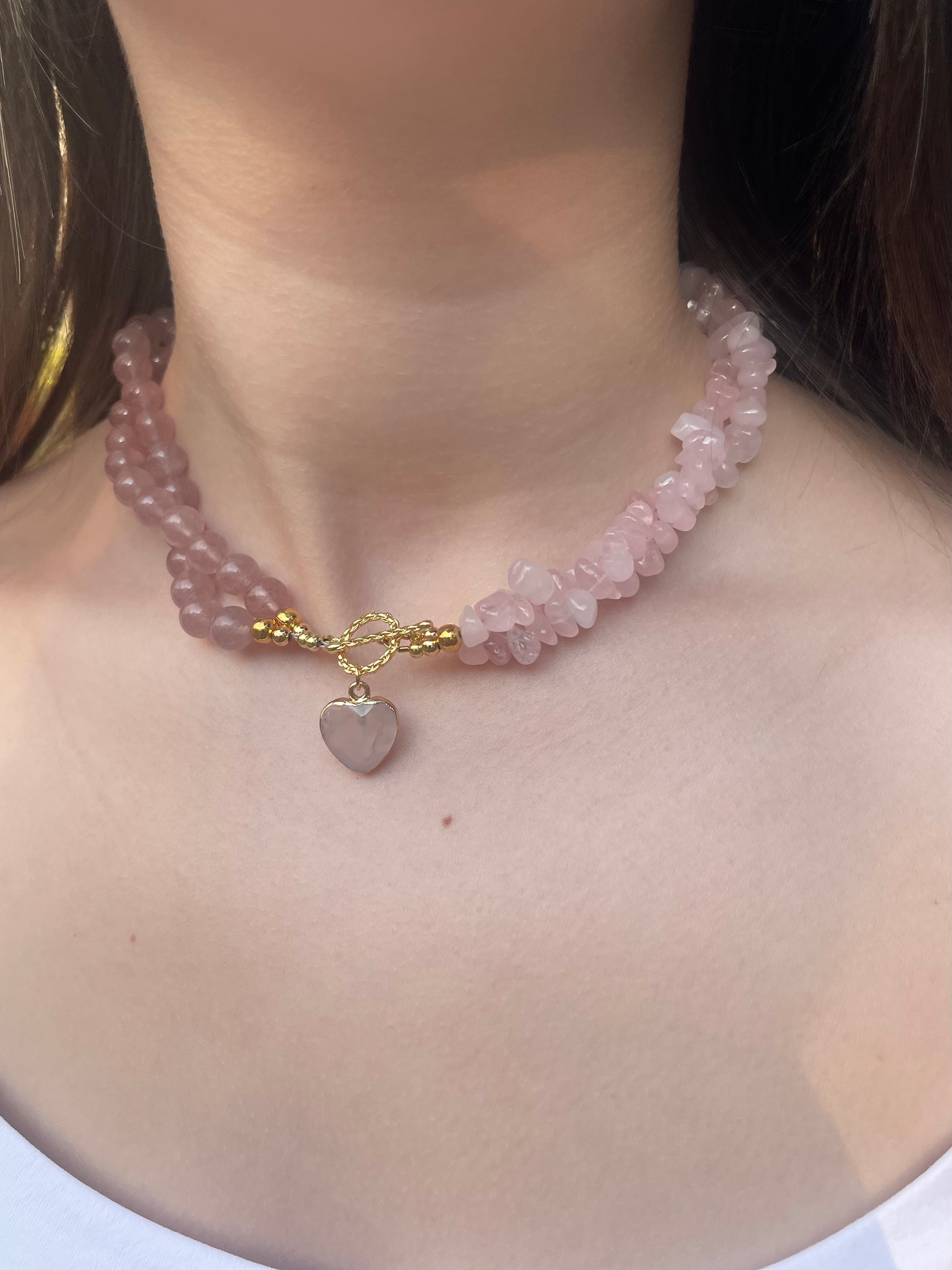 Asymmetrical Layered Strawberry Quartz Necklace with heart pendant: 18K Gold Plated Pendant