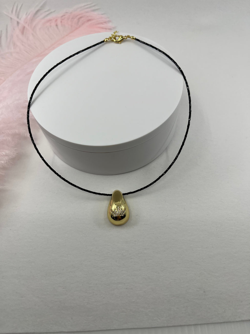 Black beaded choker with gold teardrop crown pendants: 18K Gold Plated