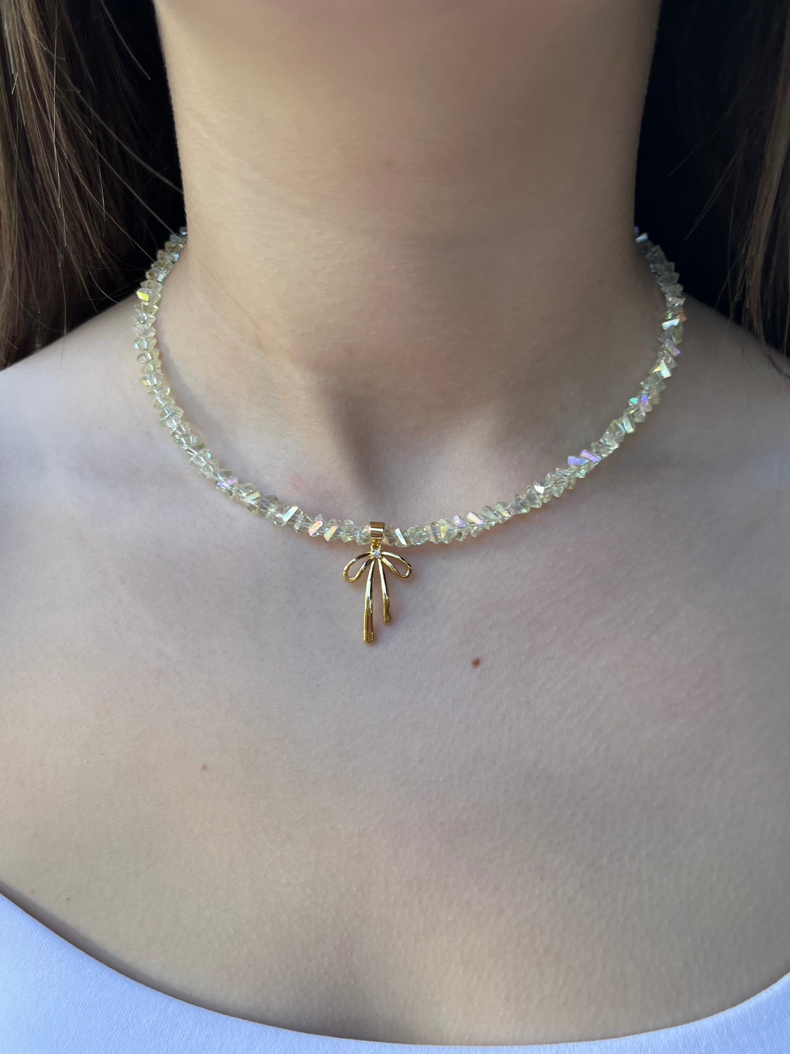 Crystal Glass Bead Choker: 18K Gold Bowknot Pendant