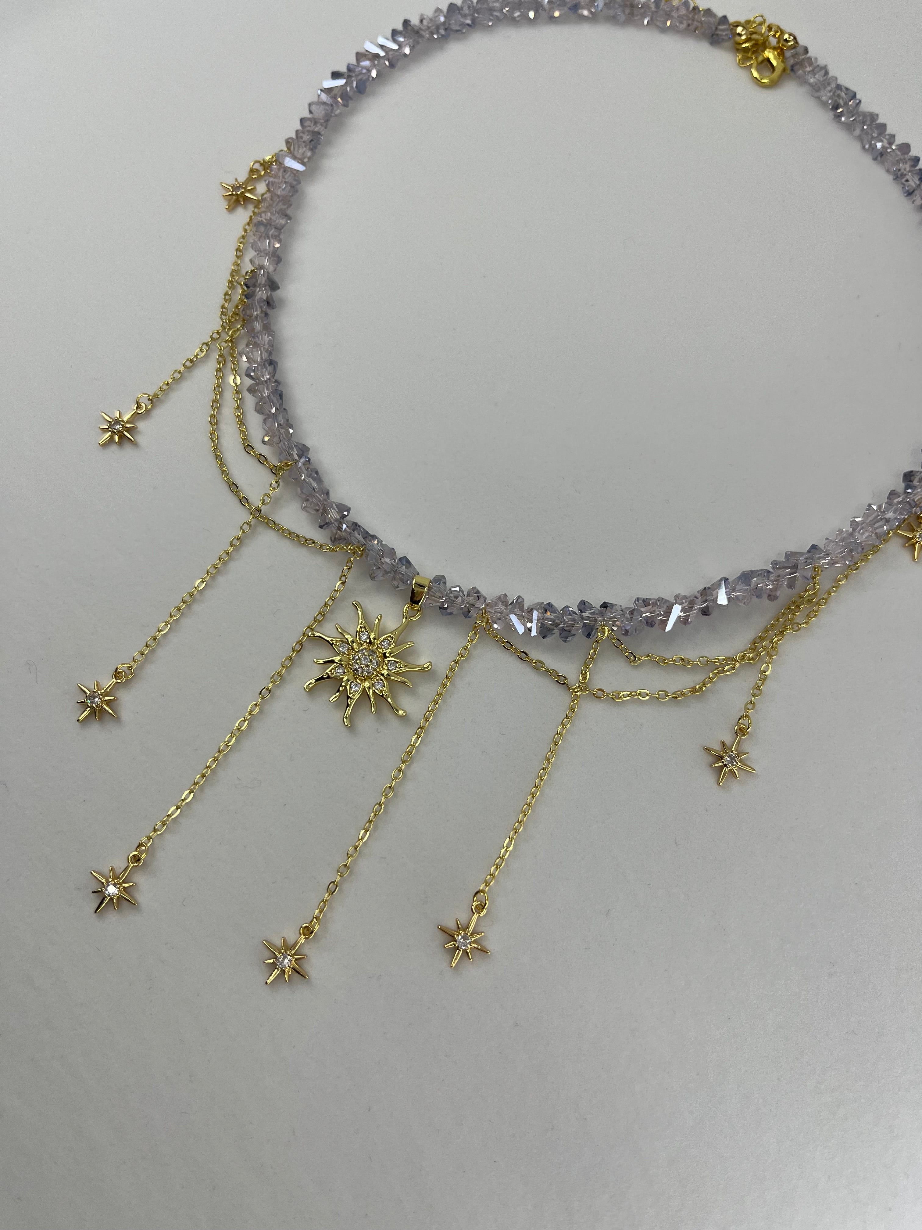 Handmade Crystal Sun & Star Necklace, 18K Gold Plated