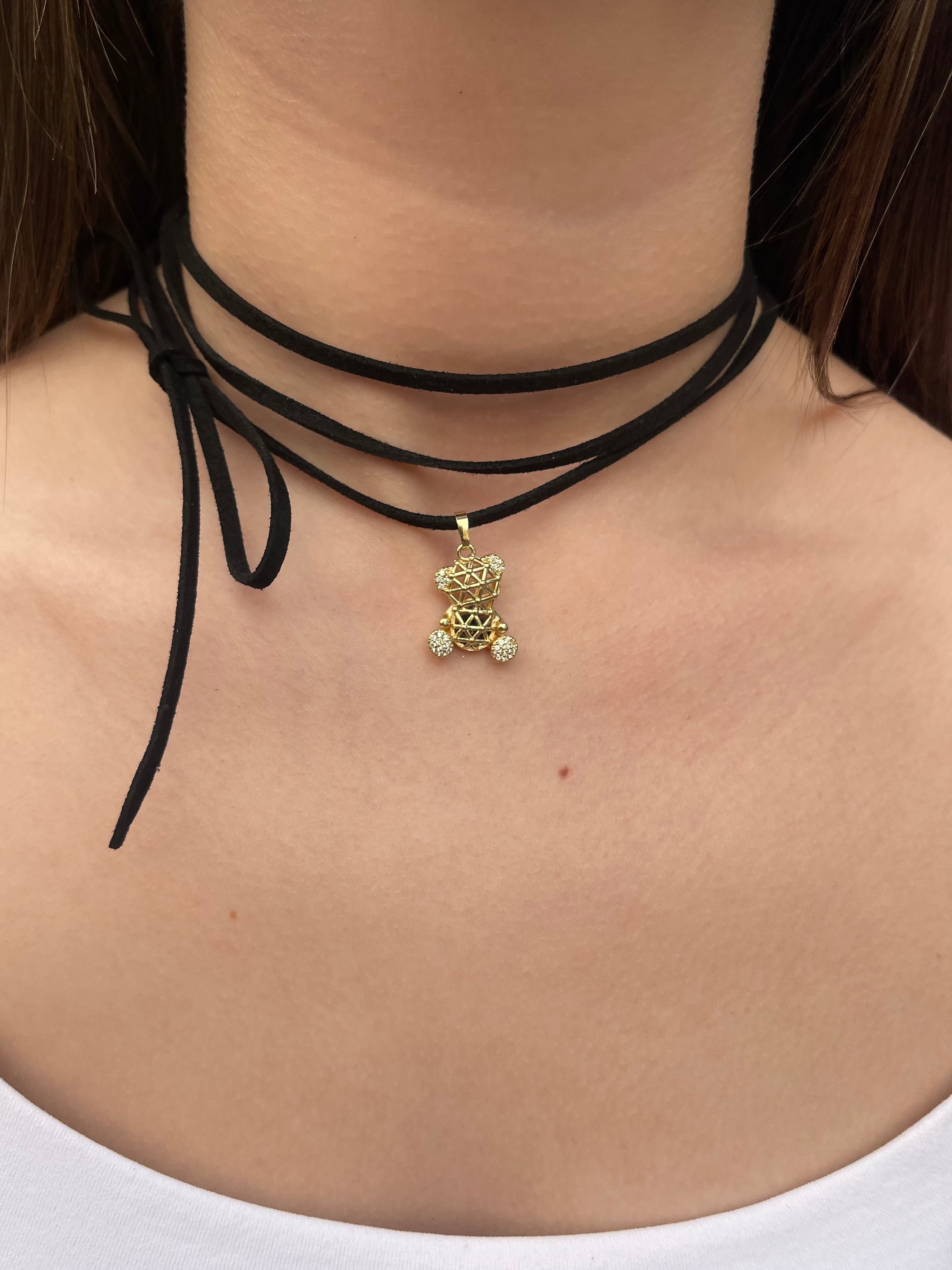 Black Suede Bow Tie Wrap Choker, 18K gold Pendant Necklace
