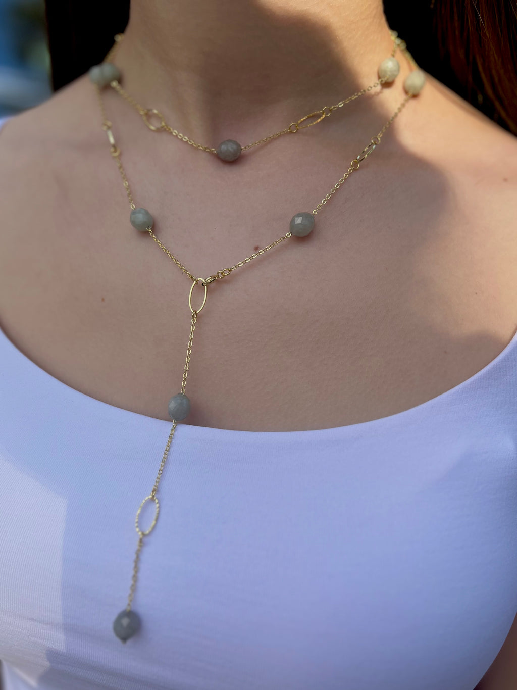 Layered Long Natural Malaysia Jade Necklace with 18K Gold chain