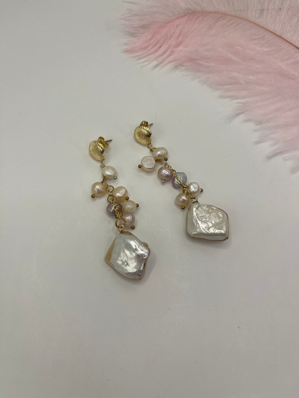 Long Natural Pearl Drop Earrings with baroque shell pendant
