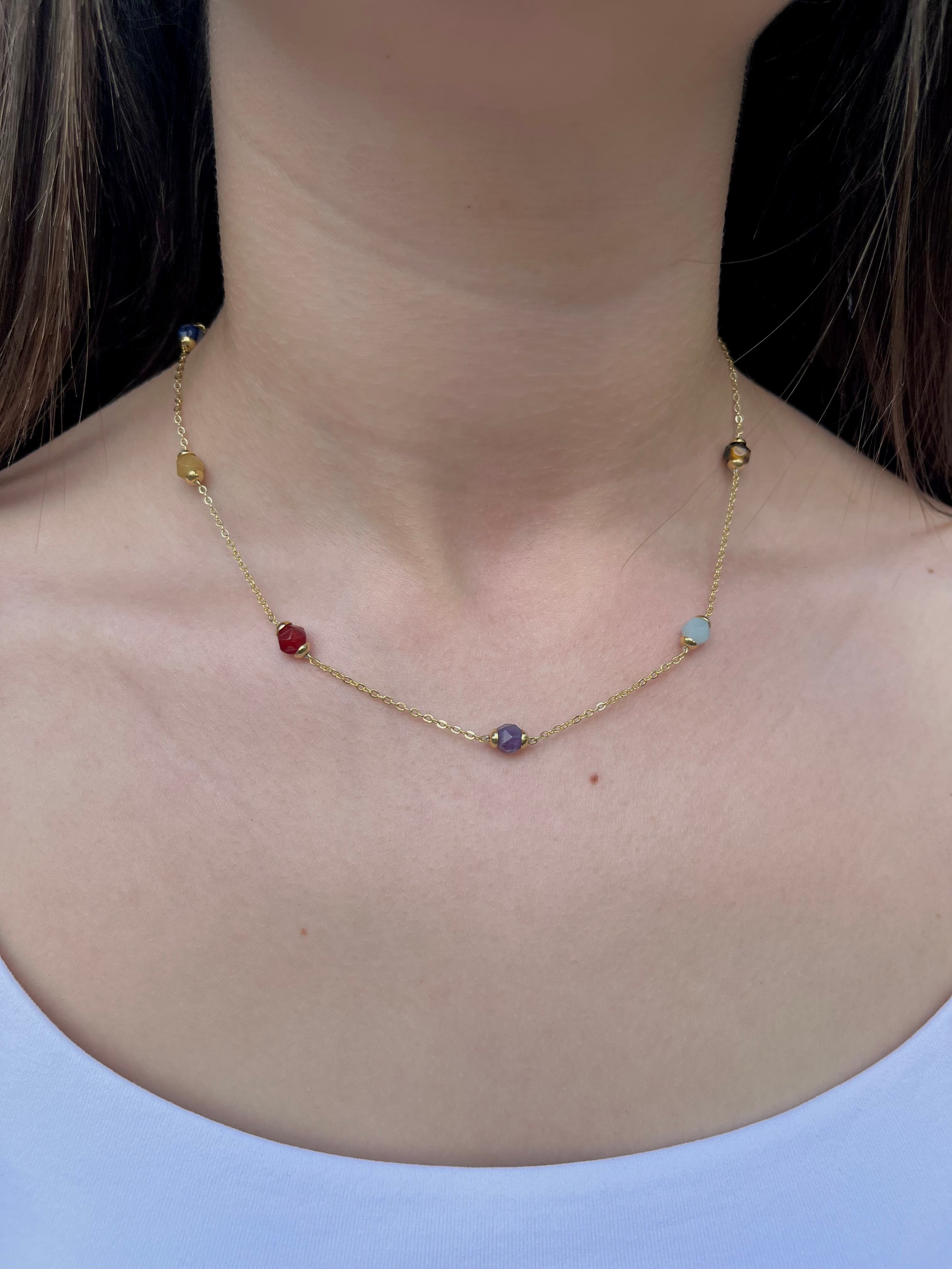 Chakra natural gemstone Necklace: tiger eye, quartz, amethyst, agate, amazonite, sodalite