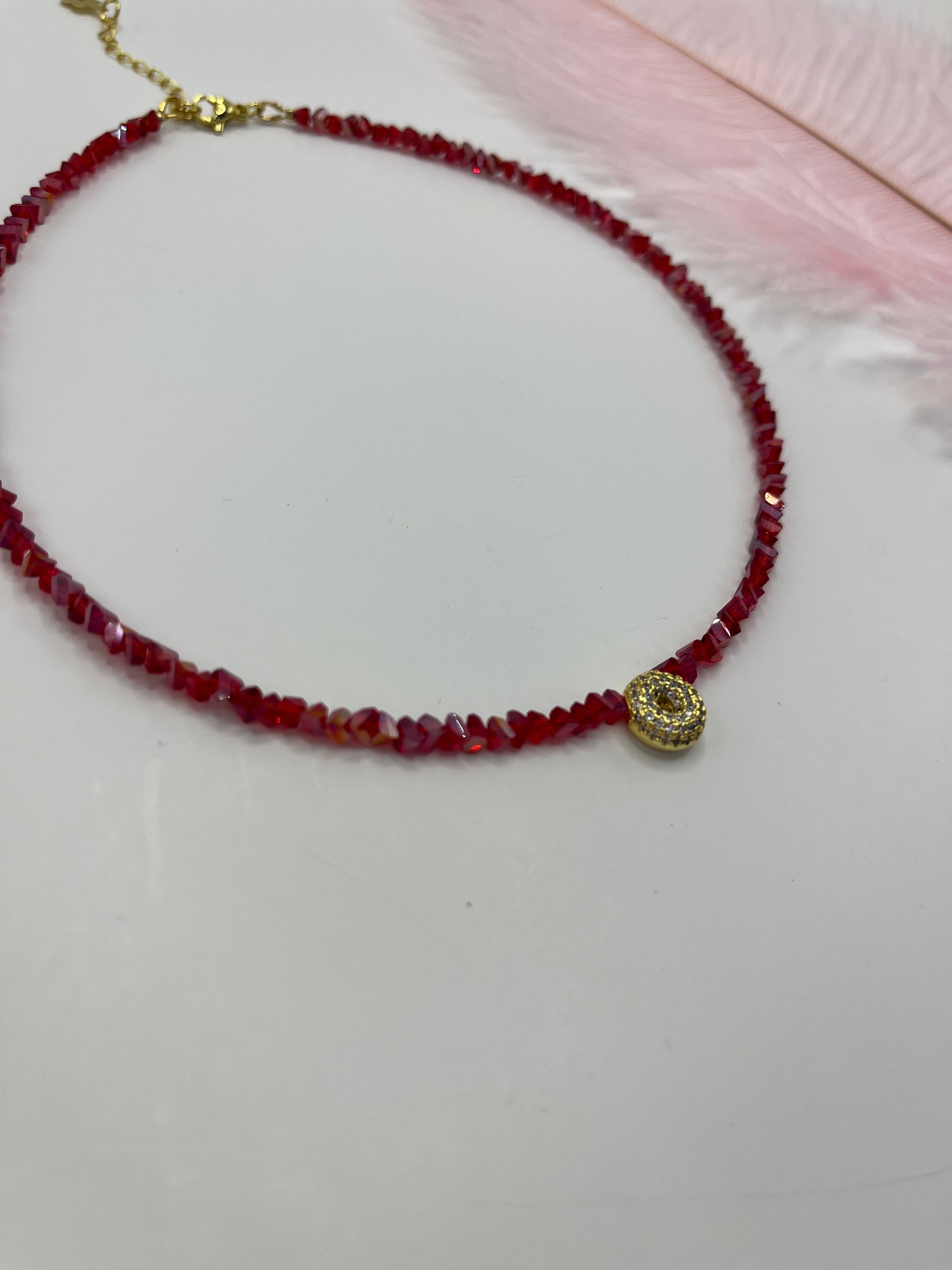 Initial Charm Red Crystal Necklace – 18K Gold Plated, Cubic Zirconia