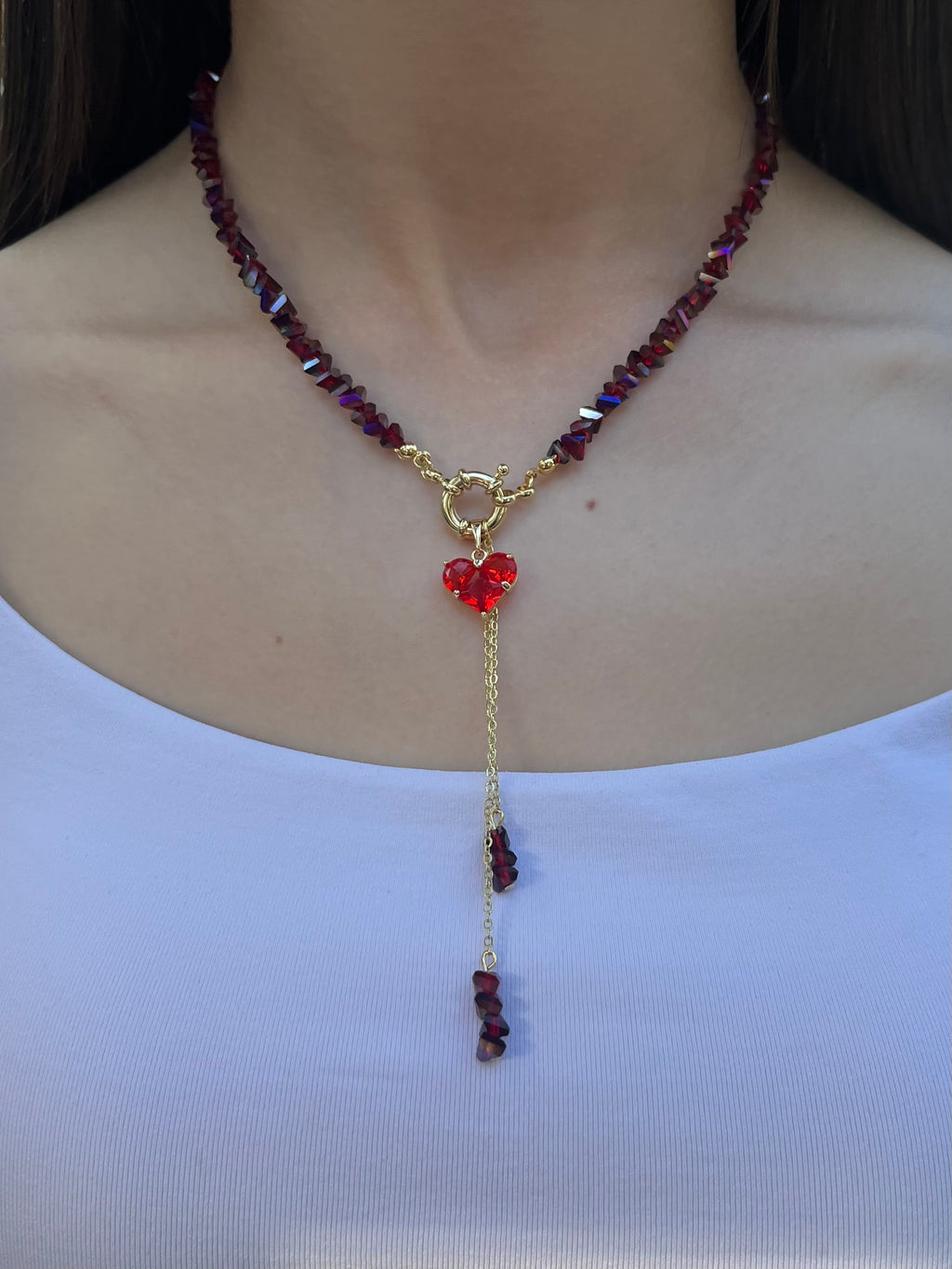 Set: Heart Crystal Burgundy Y-Necklace and Earrings – 18K Gold Plated