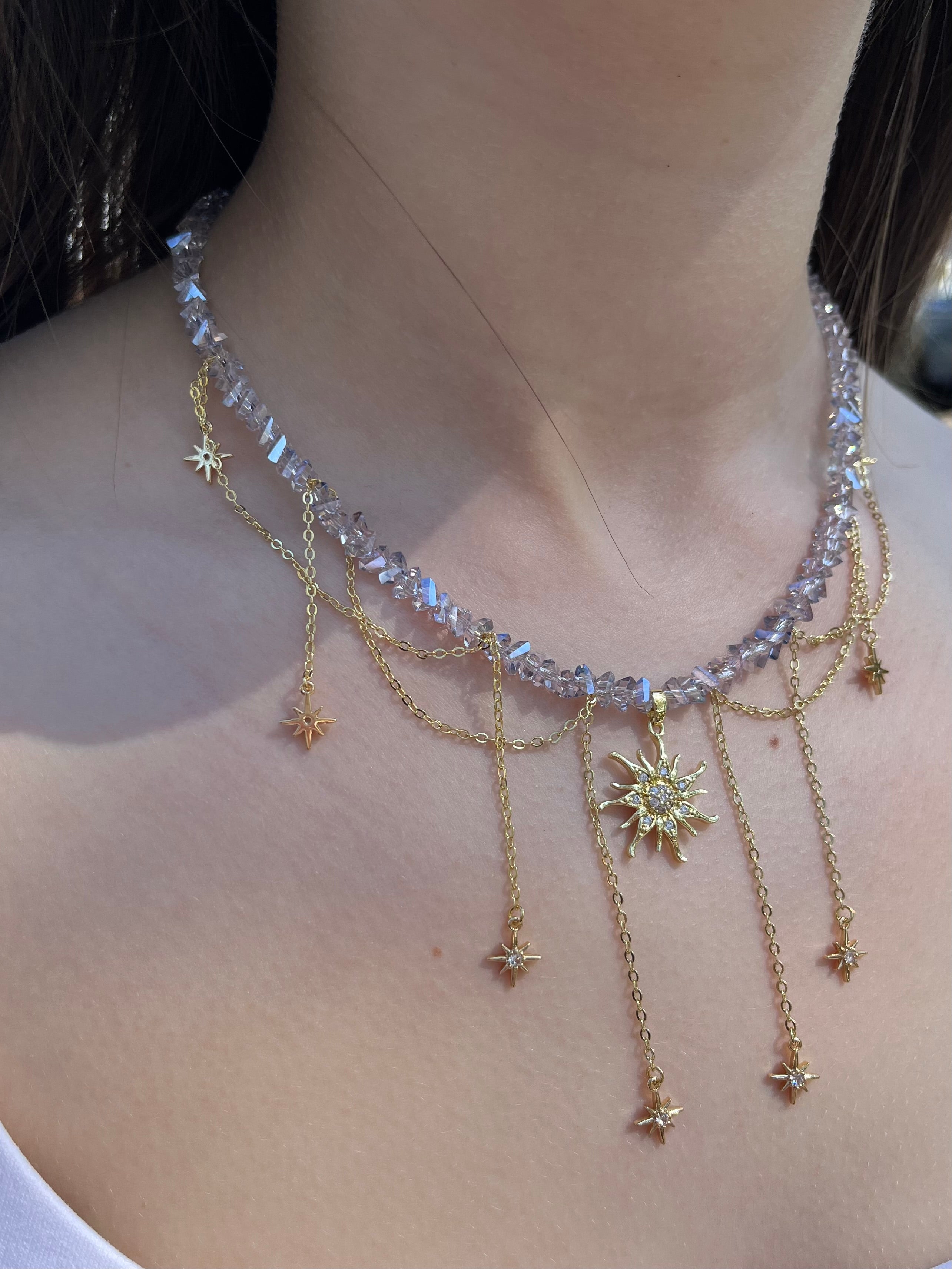 Handmade Crystal Sun & Star Necklace, 18K Gold Plated