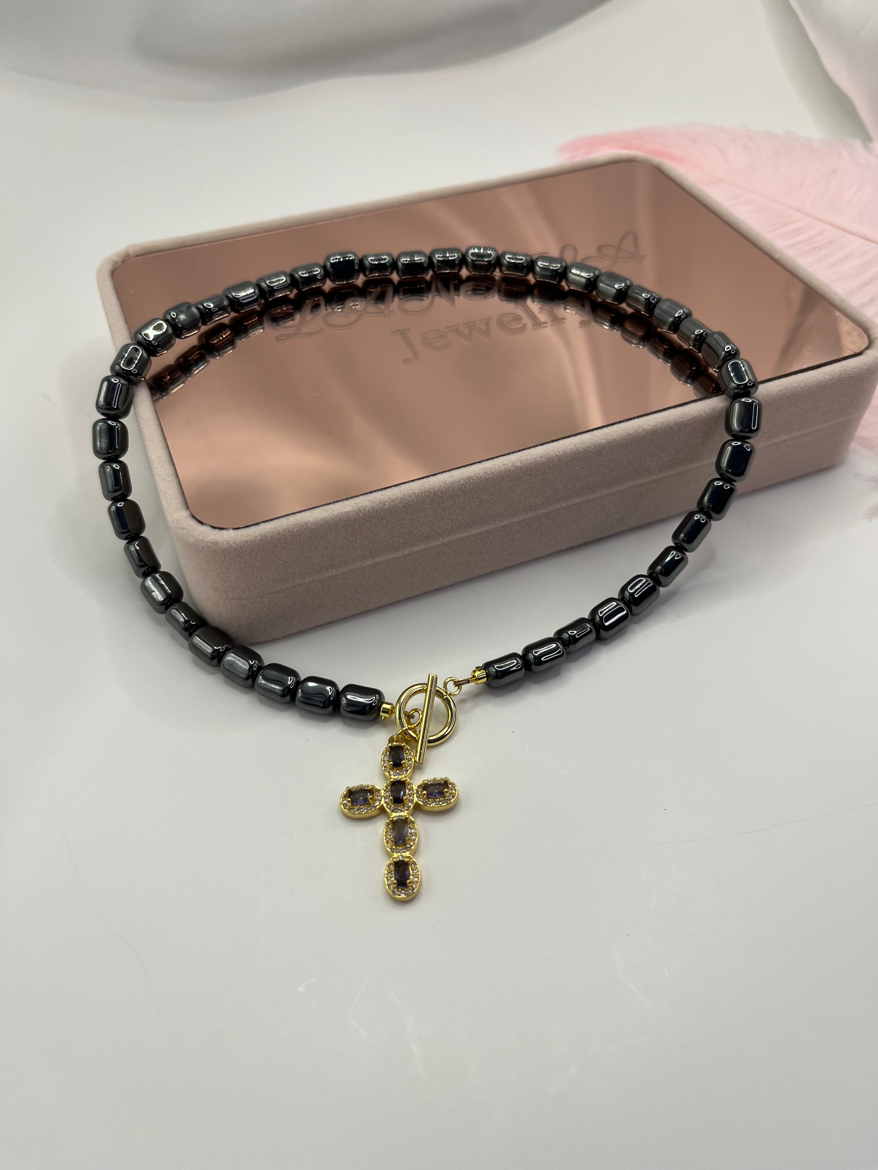 Hematite Choker Necklace with Cross pendant: 18K Gold Plated