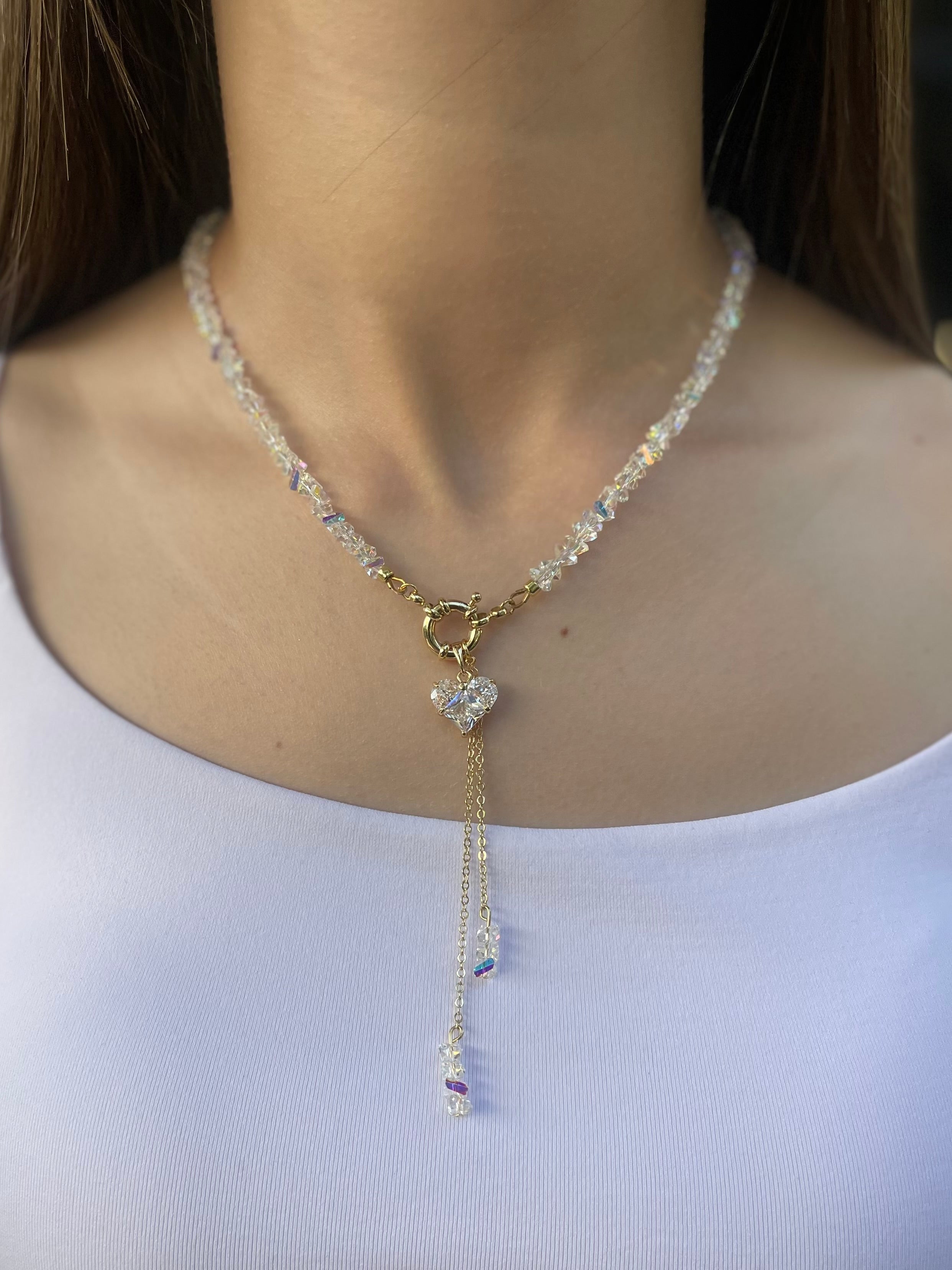 Set: Heart Crystal Y-Necklace and Earrings – 18K Gold Plated, Cubic Zirconia