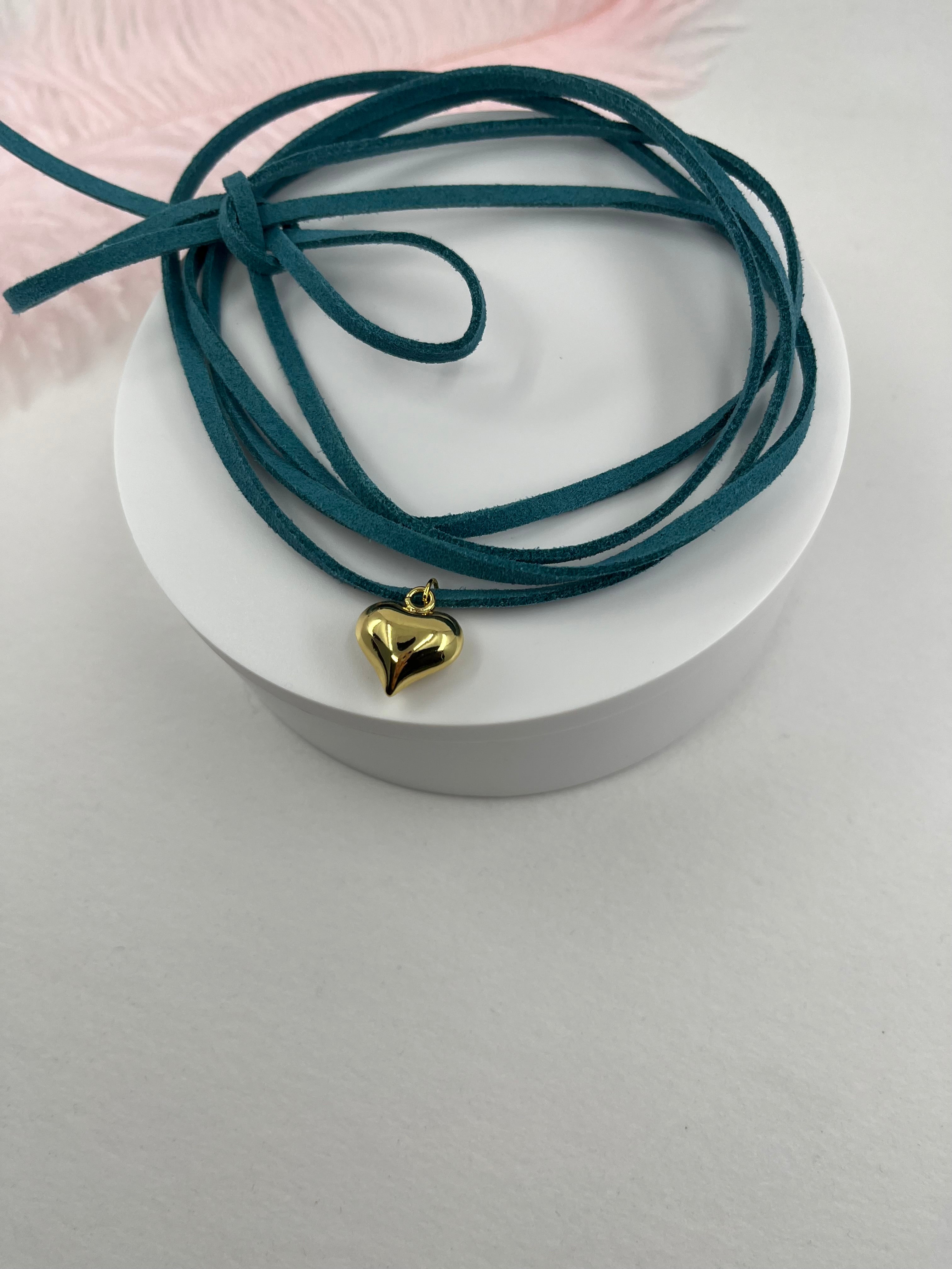 Turquoise Suede Bow Tie Wrap Choker, 18K gold Heart Pendant Necklace