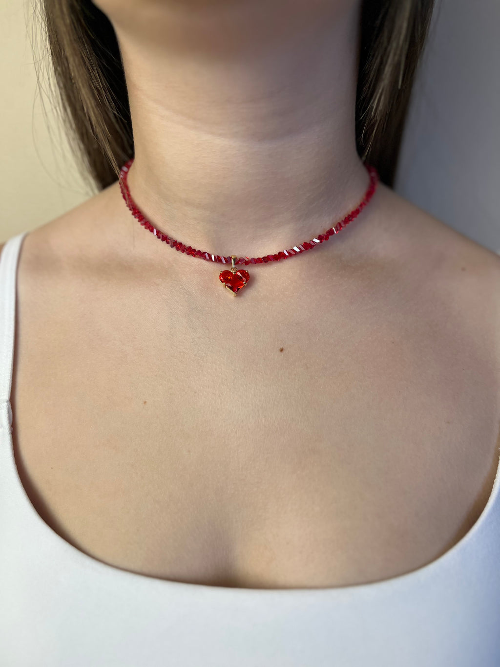 Crystal Red Glass Bead Choker: 18K Gold Heart Pendant