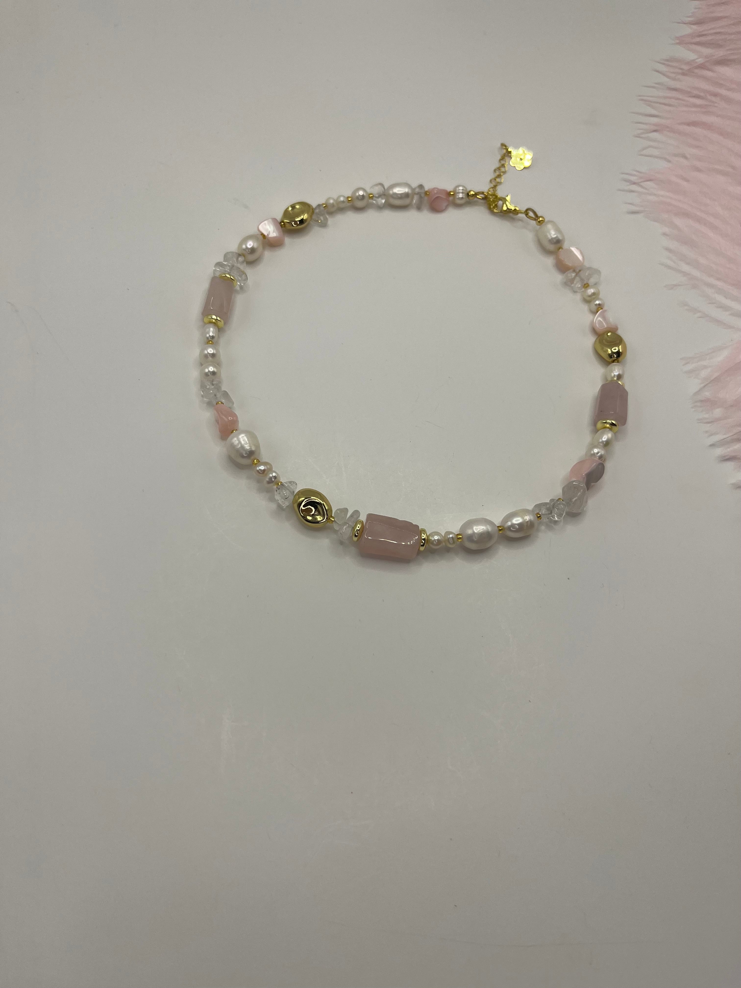 Set: Pearl and Rose Quartz Necklace and Earrings