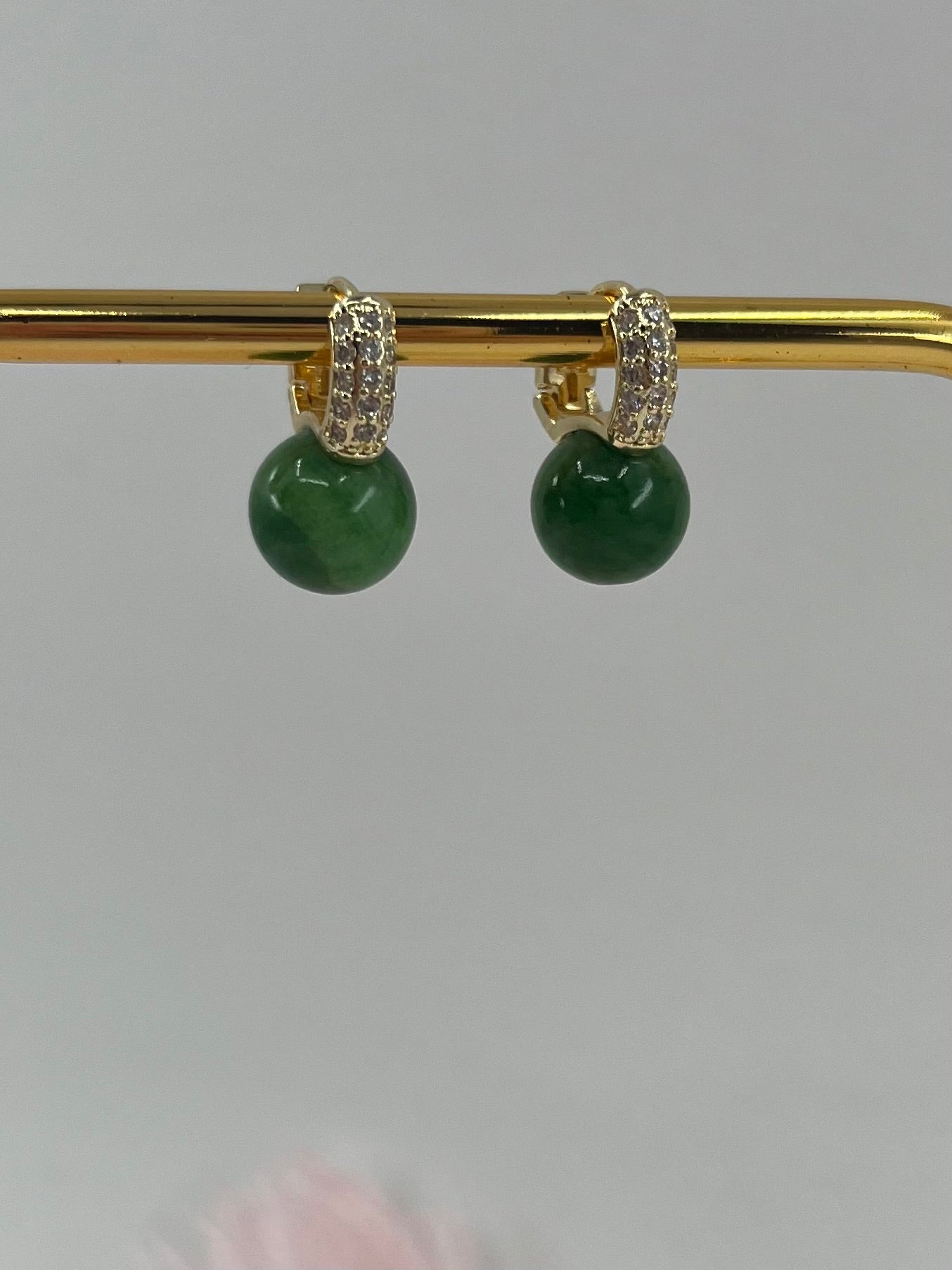 Natural Green Jade Gold Zirconia Earrings