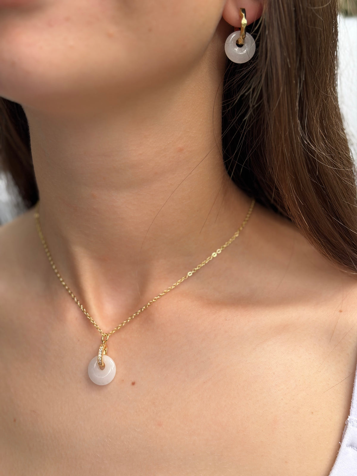 White Jade flower Earrings and Necklace, 18K Gold Plated