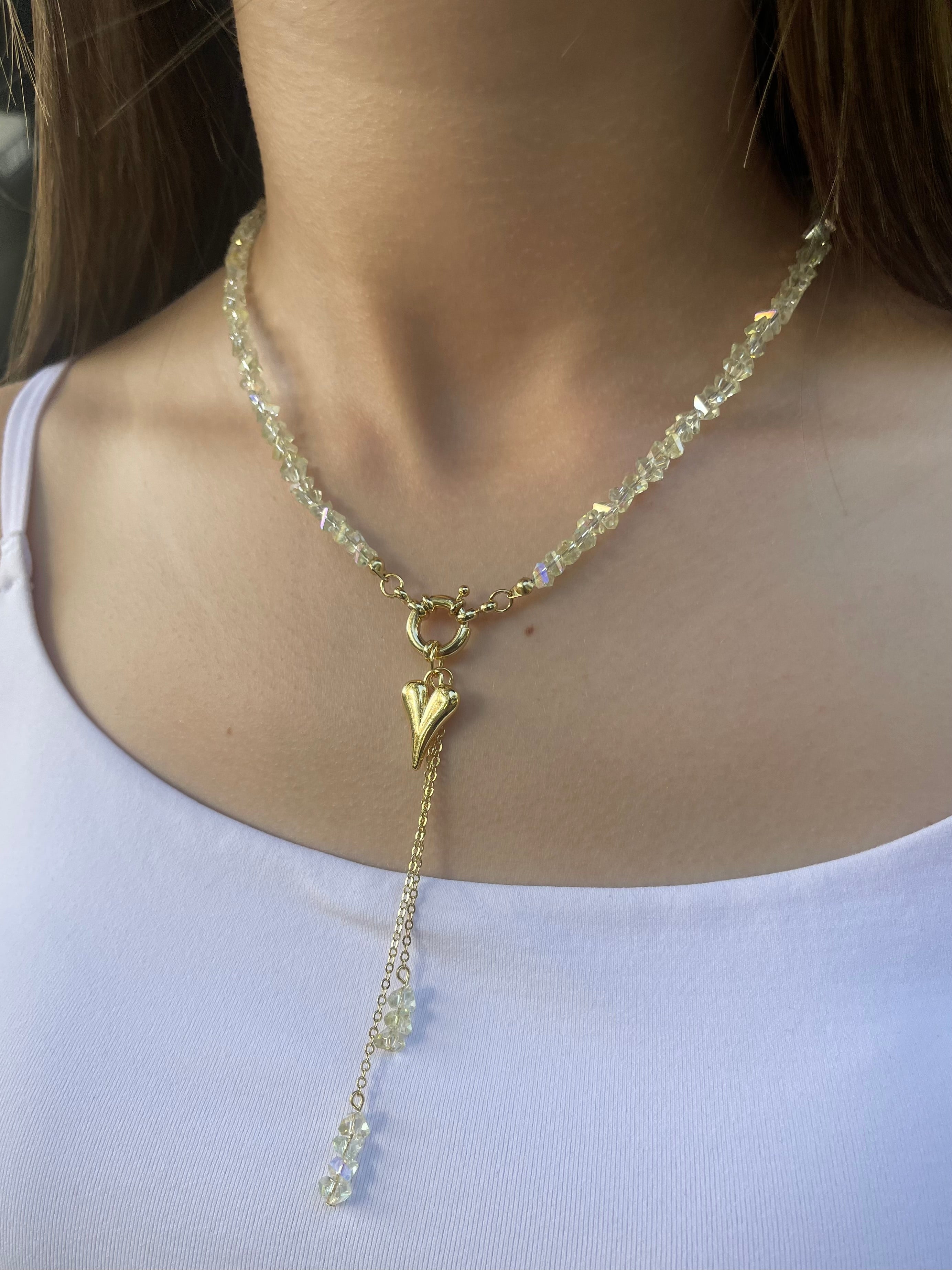 Set: Heart Crystal Y-Necklace and Earrings – 18K Gold Plated