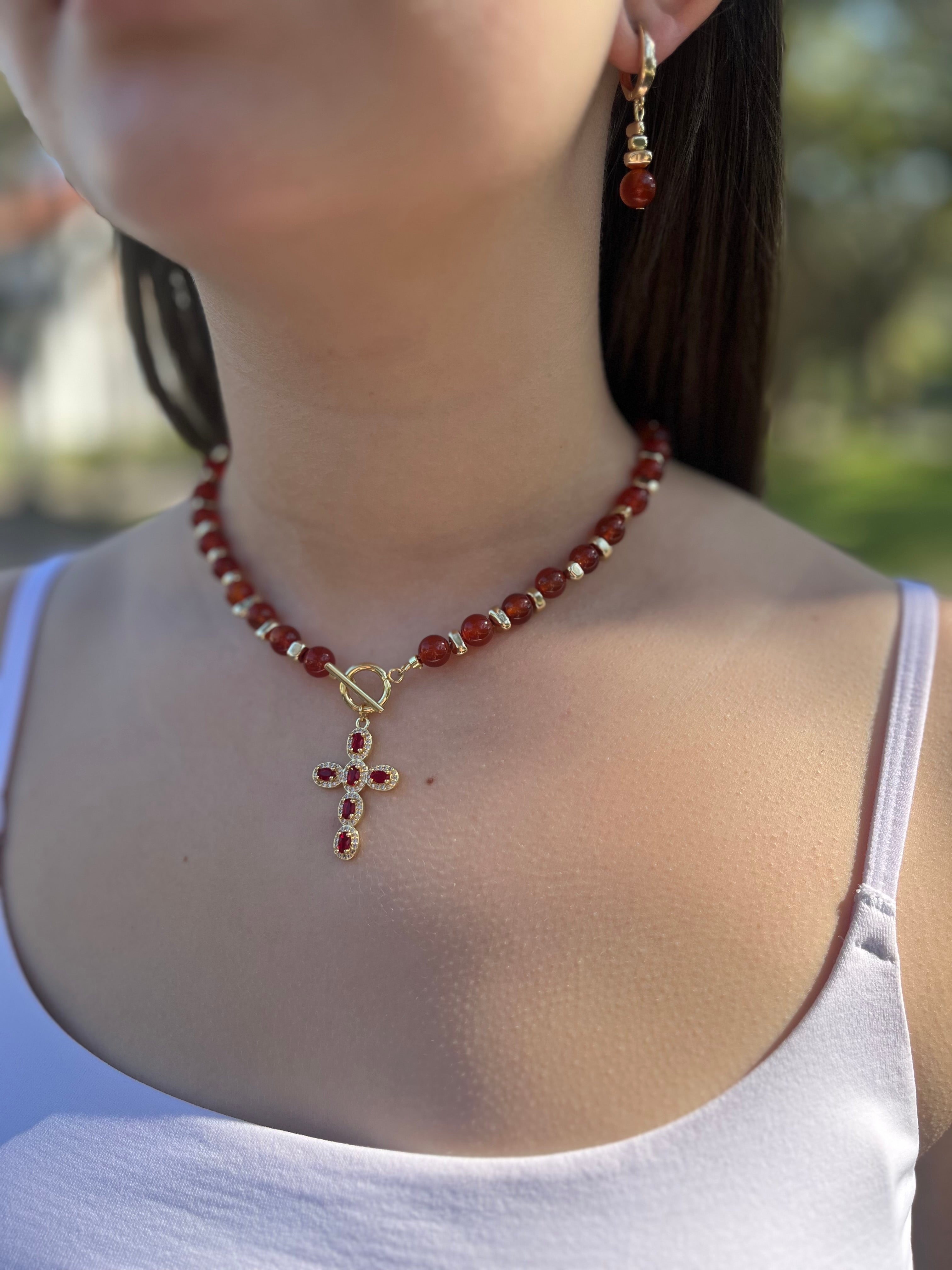 Set: Natural Carnelian Necklace with 18K Gold Cross and earrings