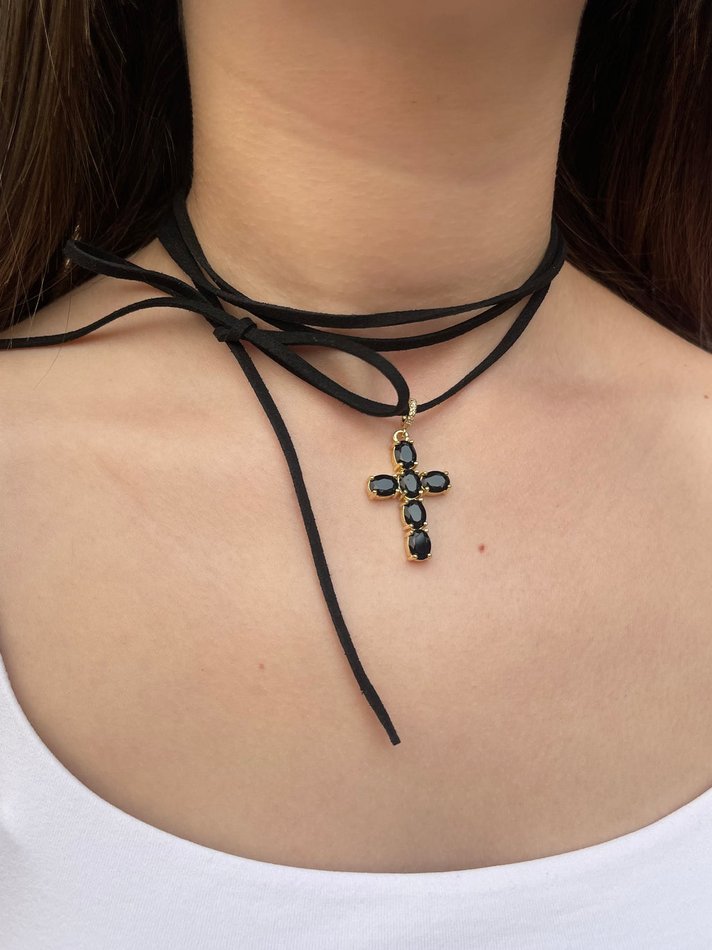 Black Suede Bow Tie Wrap Choker, 18K gold Pendant Necklace