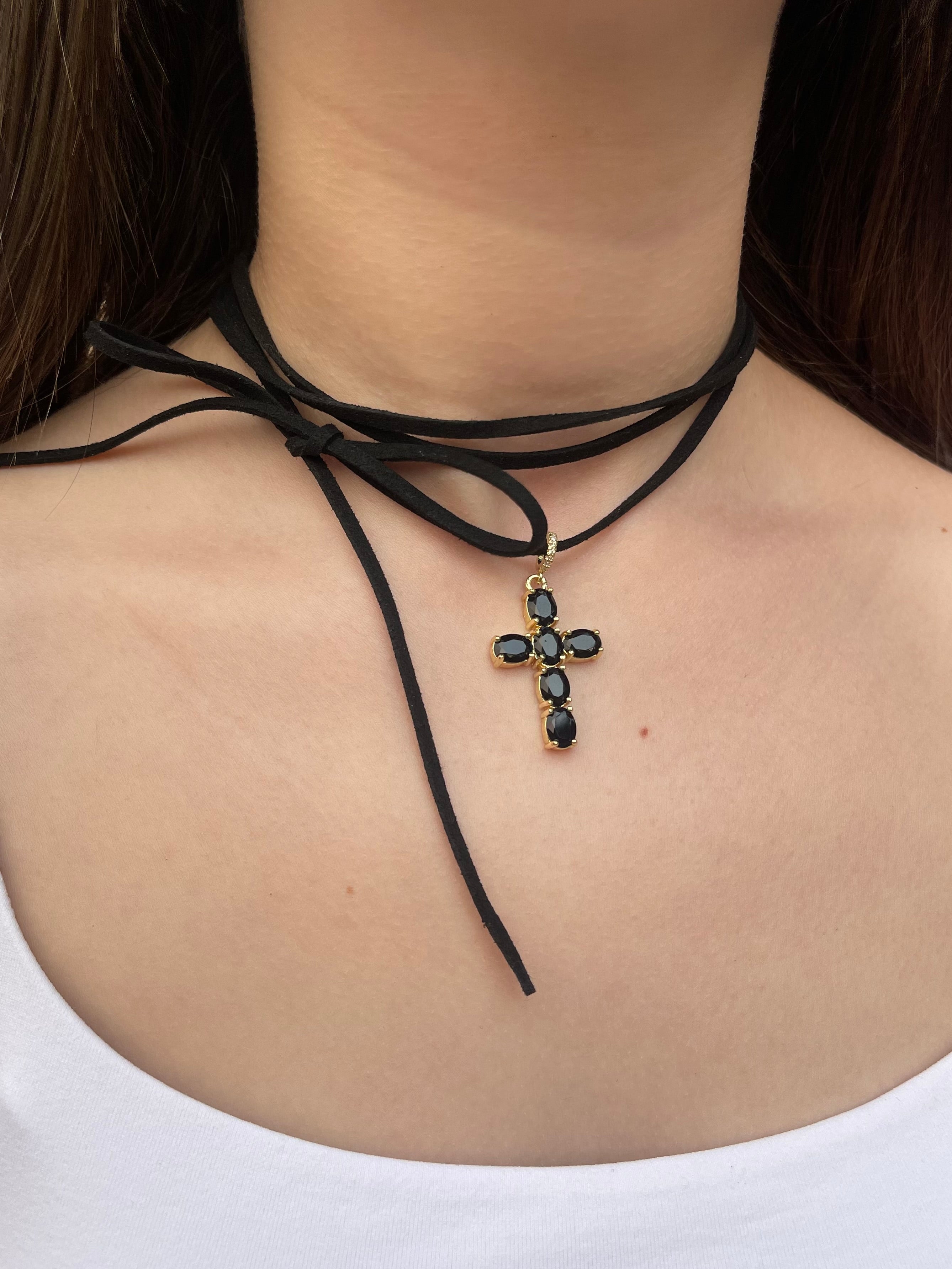 Black Suede Bow Tie Wrap Choker, 18K gold Pendant Necklace