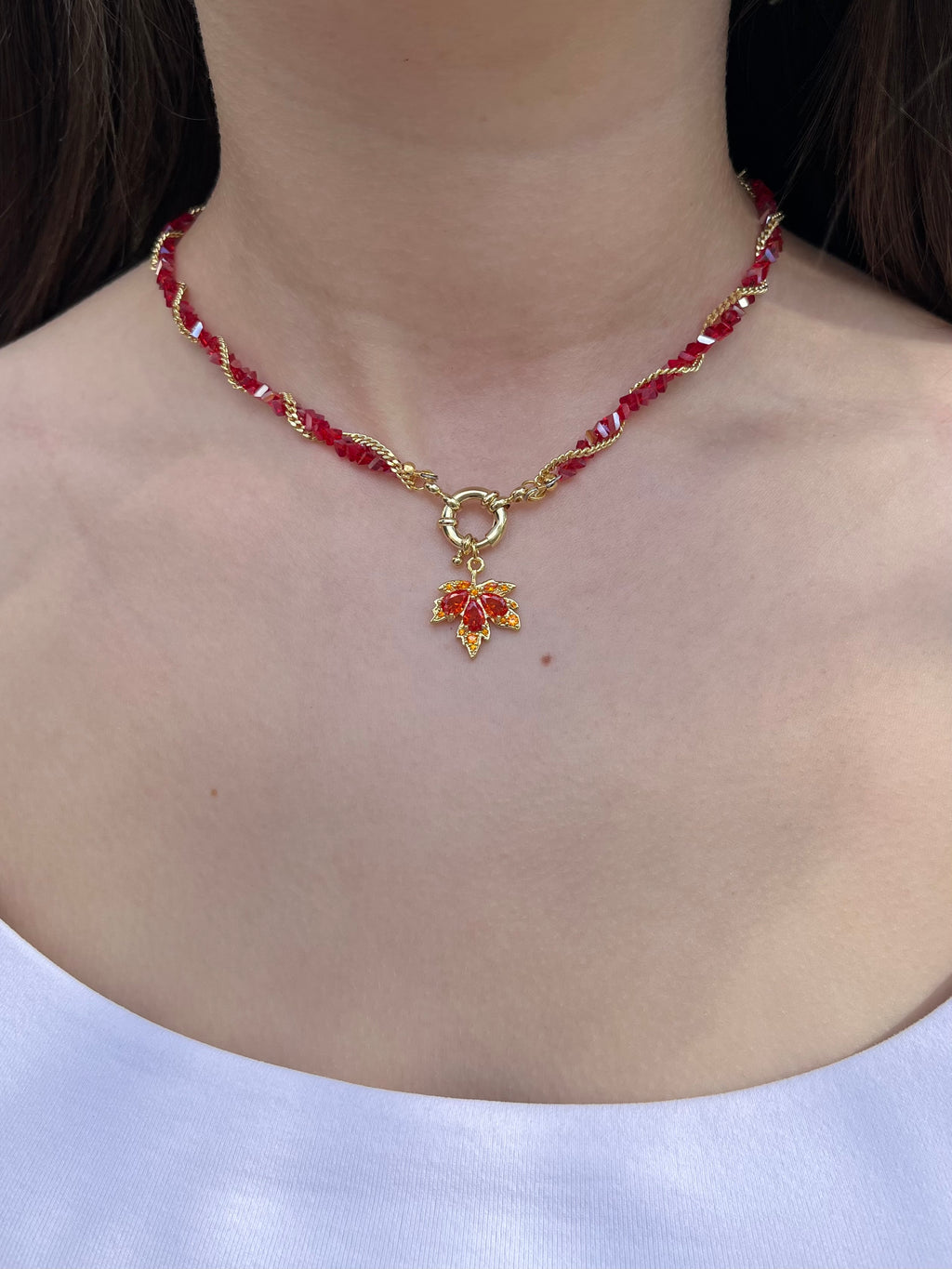 Crystal Red Necklace: 18K Gold Pendant Maple Leaf