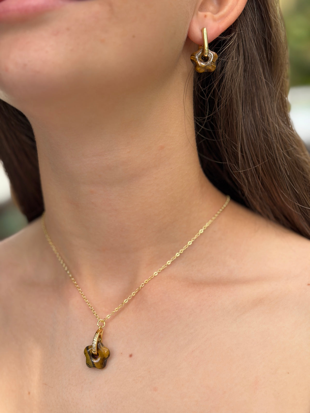 Tiger eye flower Earrings and Necklace,18K Gold Plated