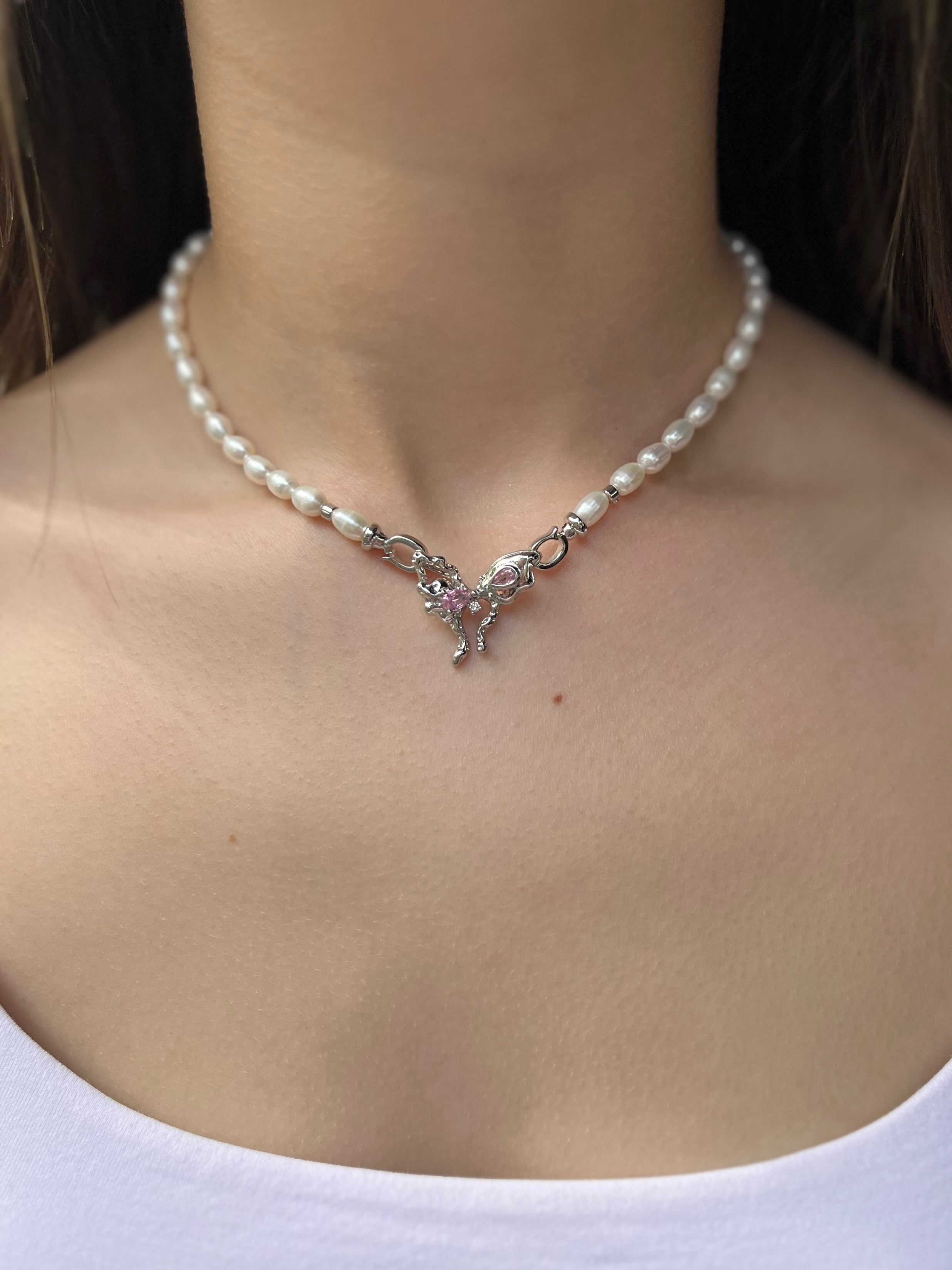Natural Pearl Necklace with butterfly Clasp