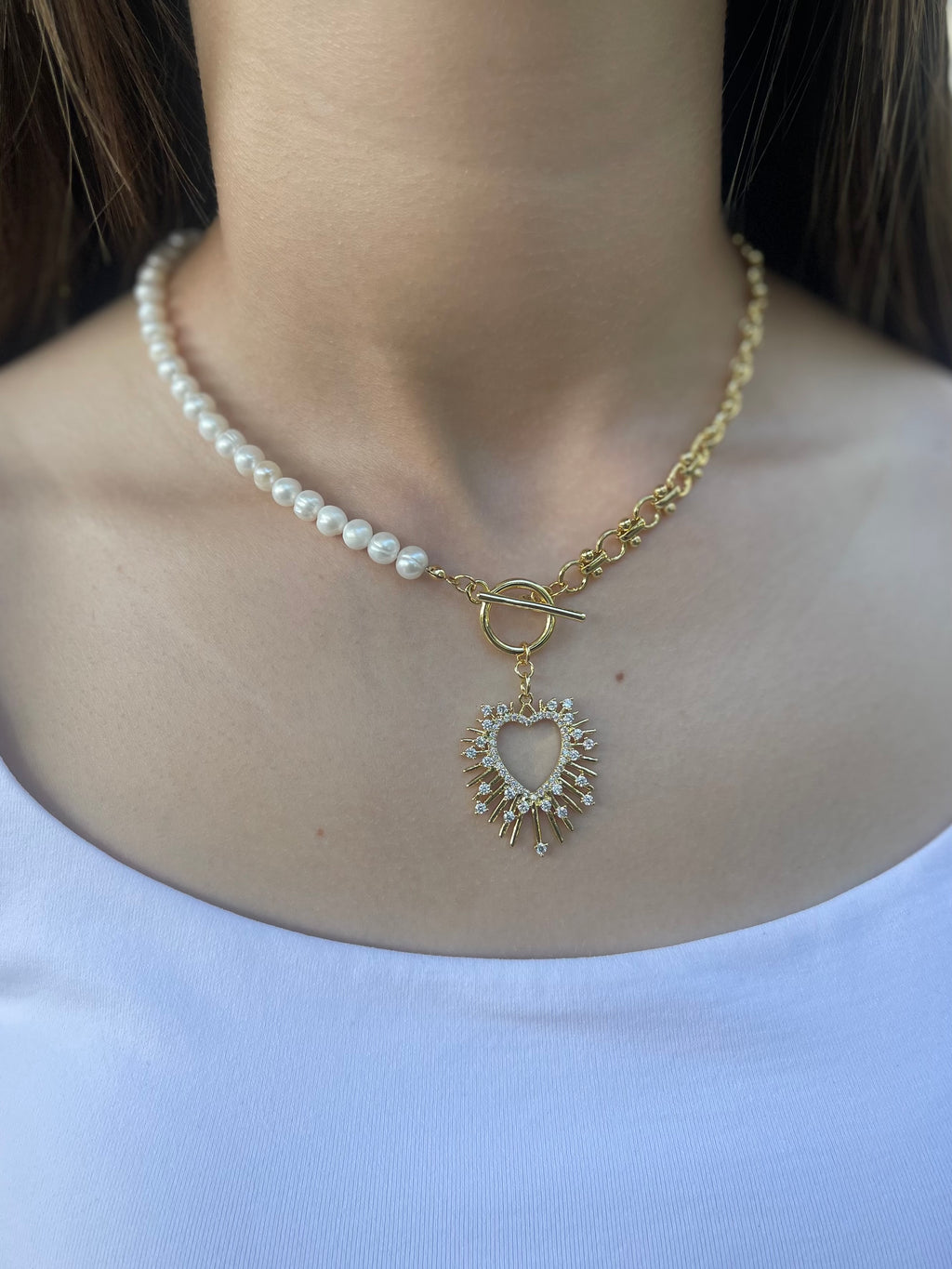 Asymmetrical Pearl Necklace with Heart Pendant, 18K Gold Plated Chain