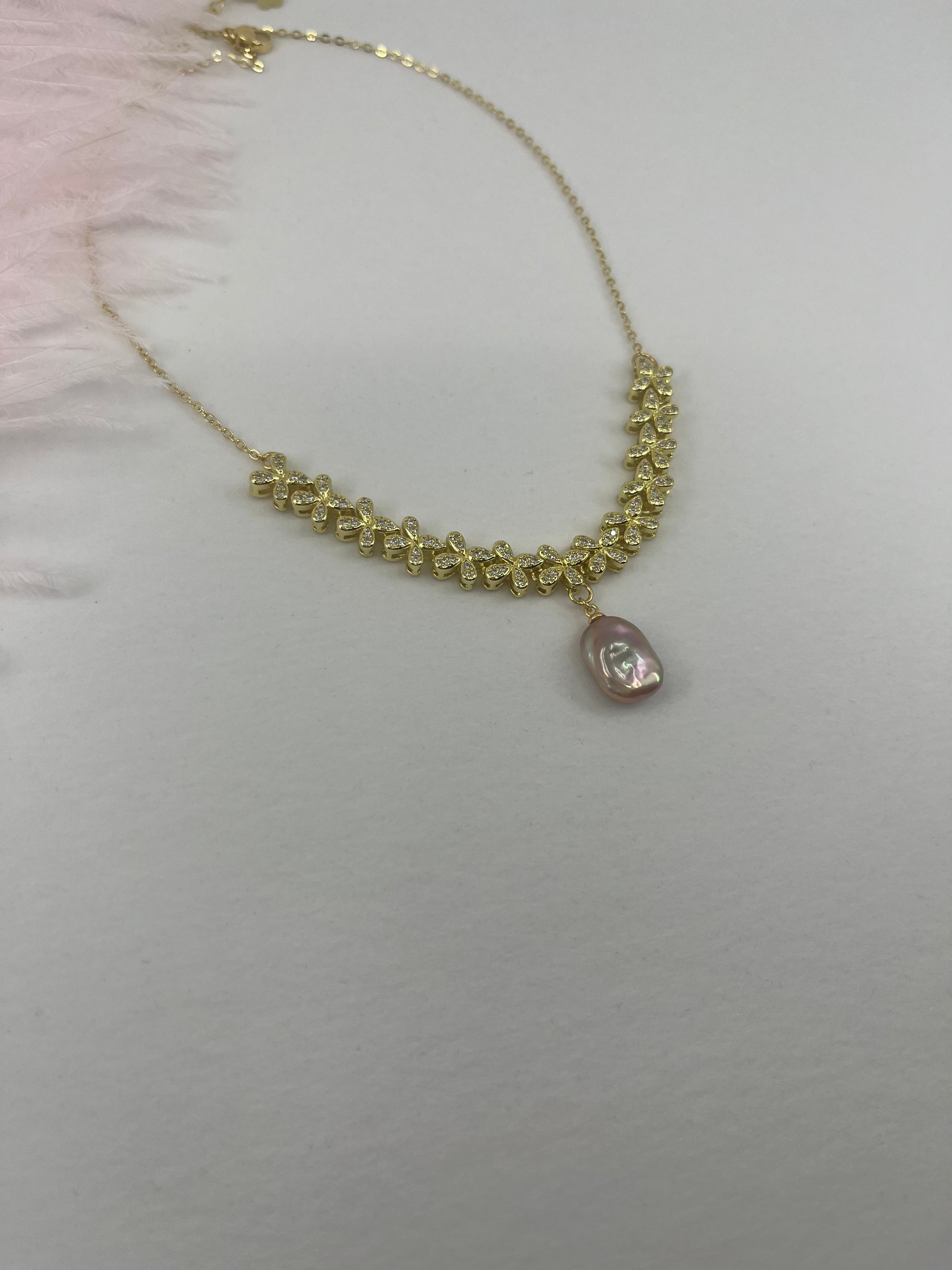 Baroque Pearl and zirconia Y-Necklace, 18k gold plated