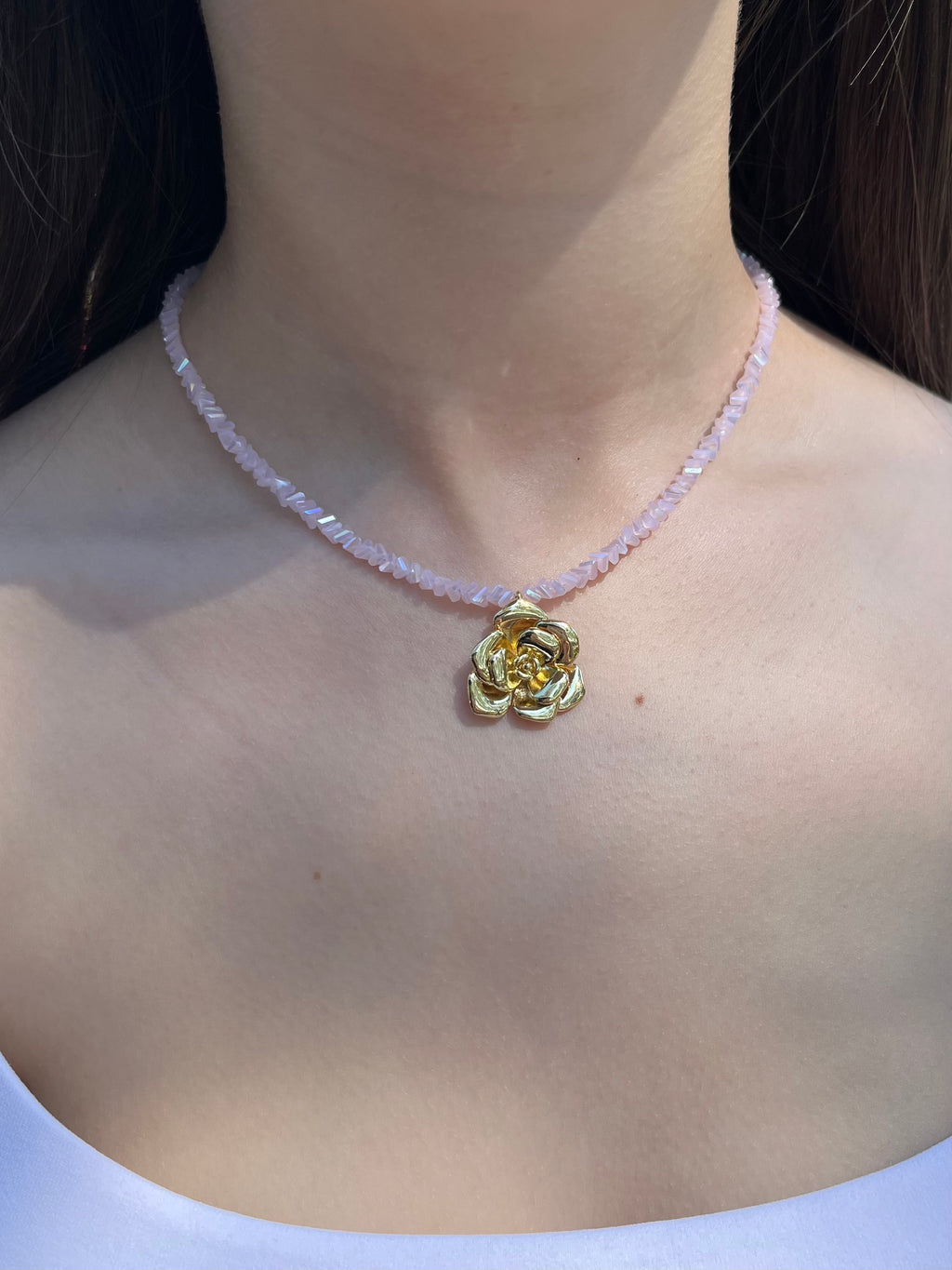 Crystal Pink Glass Bead Choker: 18K Gold Rose Pendant