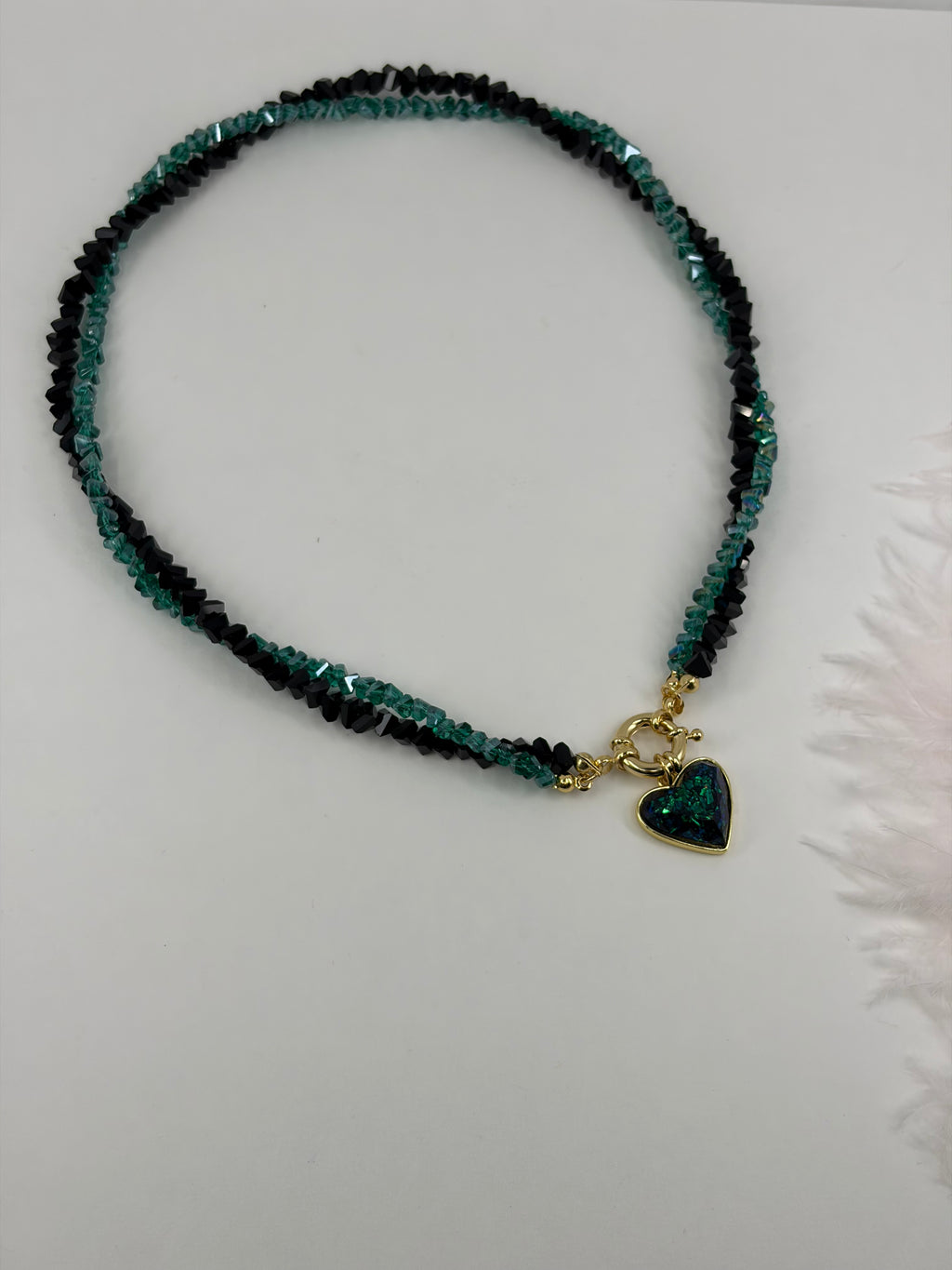 Layered Heart Black and Green Crystal Necklace