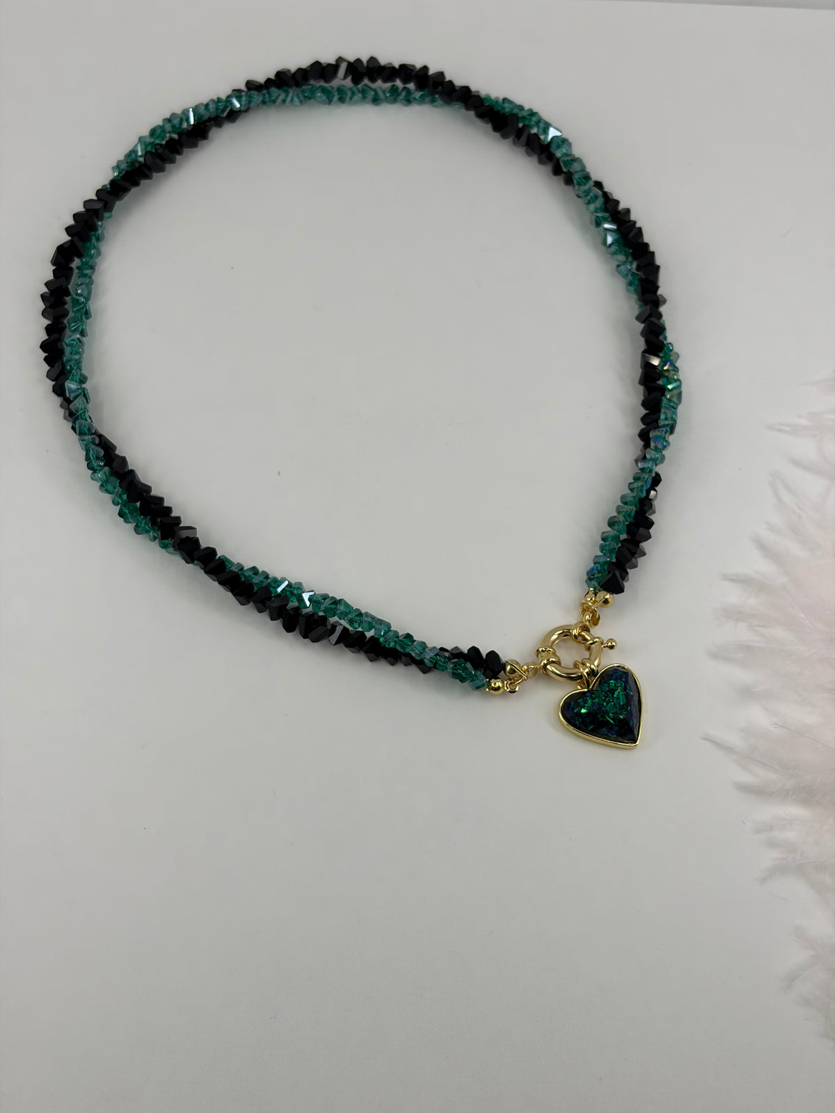 Layered Heart Black and Green Crystal Necklace