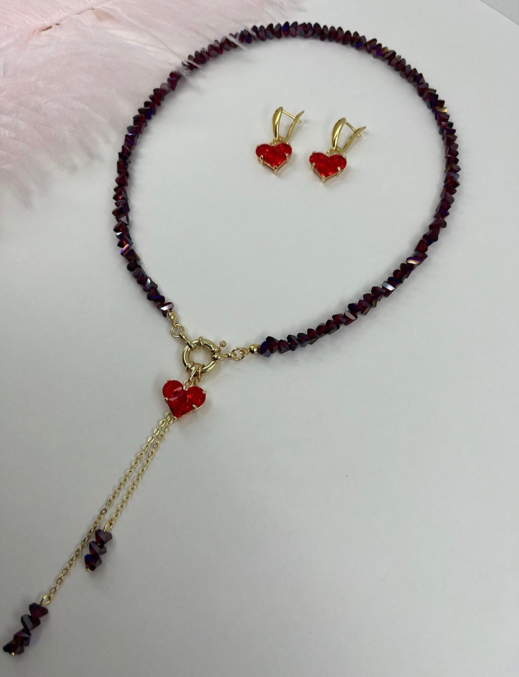 Set: Heart Crystal Burgundy Y-Necklace and Earrings – 18K Gold Plated
