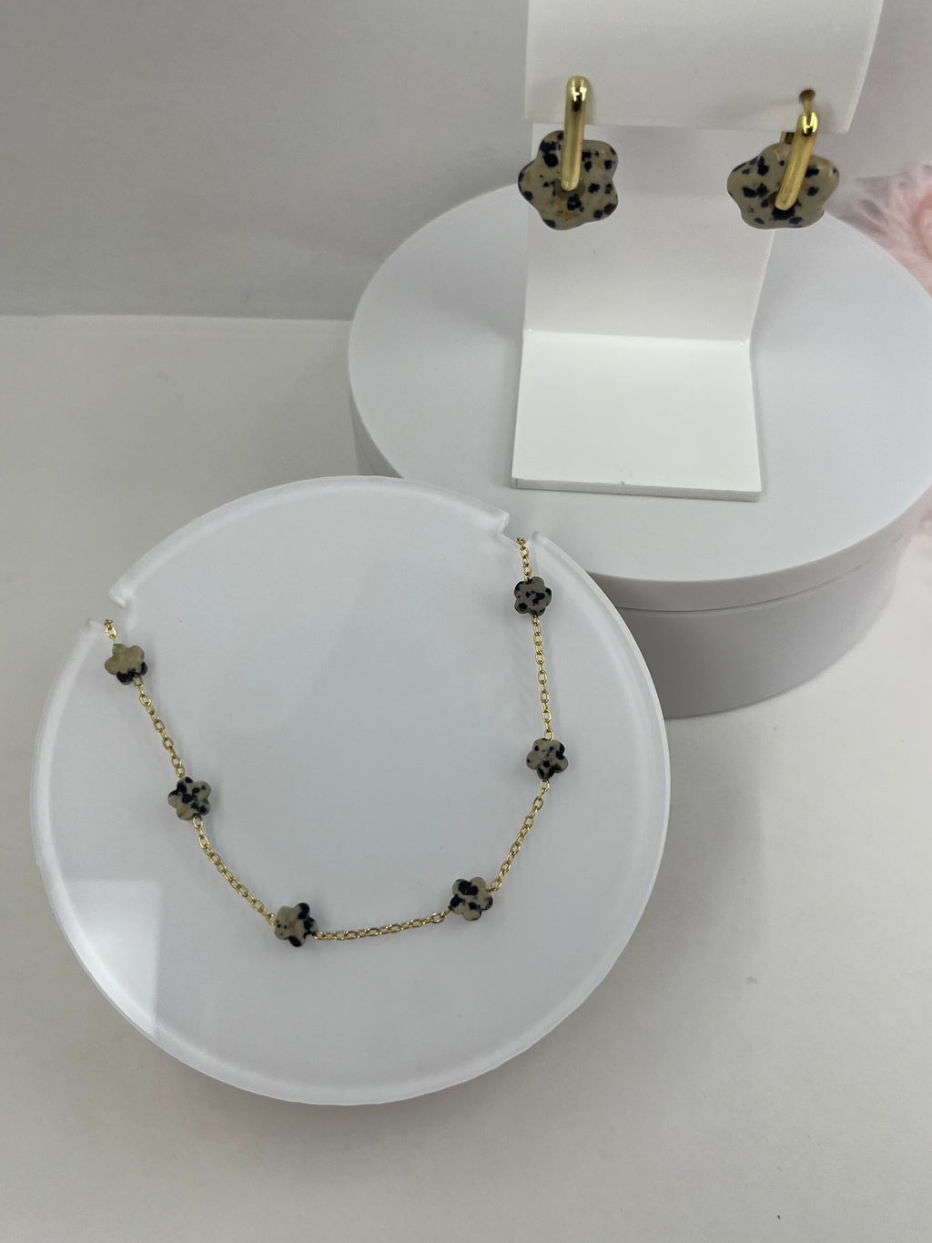 Dalmatian jasper flower Earrings and Necklace, 18K Gold Plated