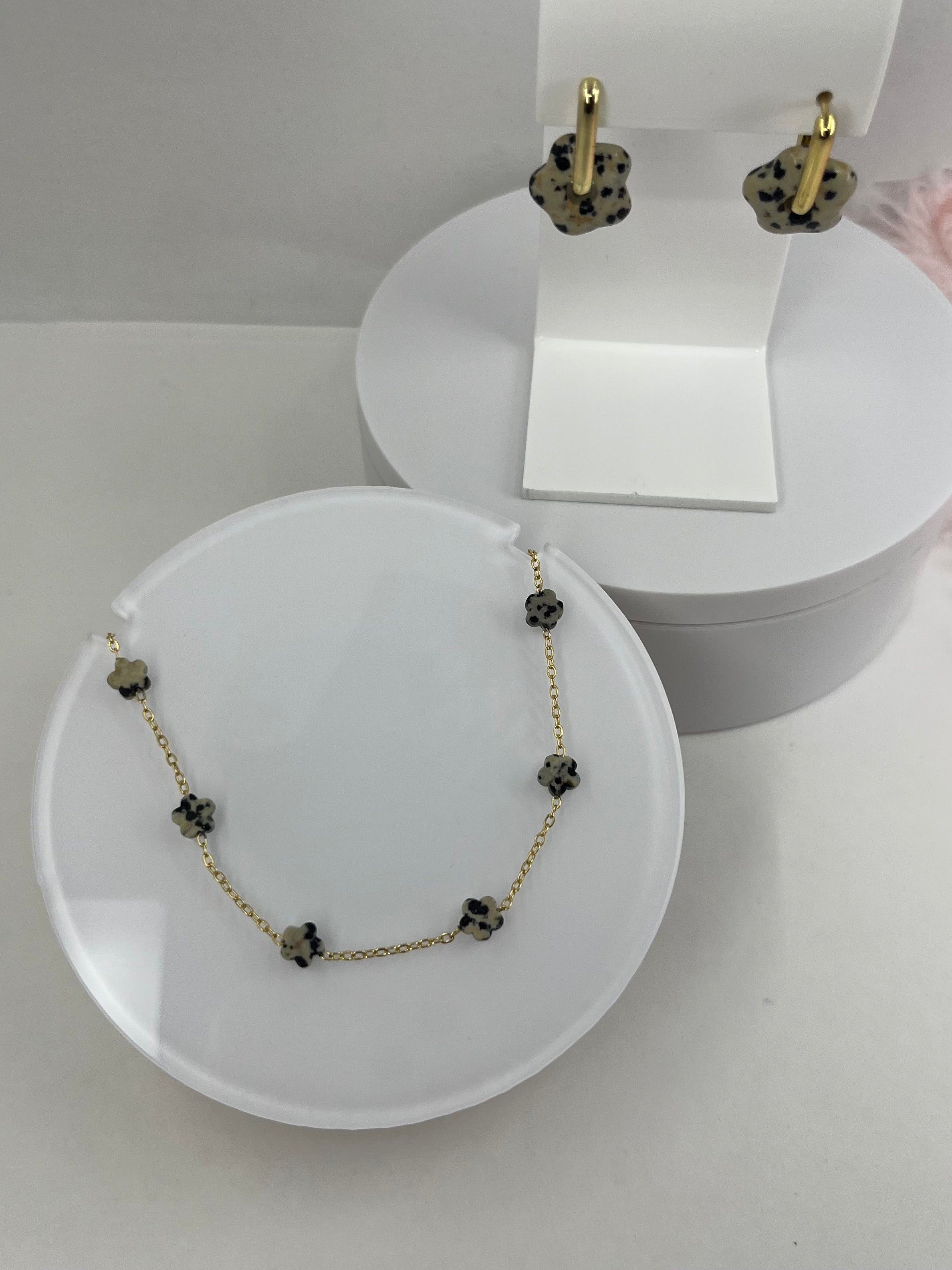 Dalmatian jasper flower Earrings and Necklace, 18K Gold Plated