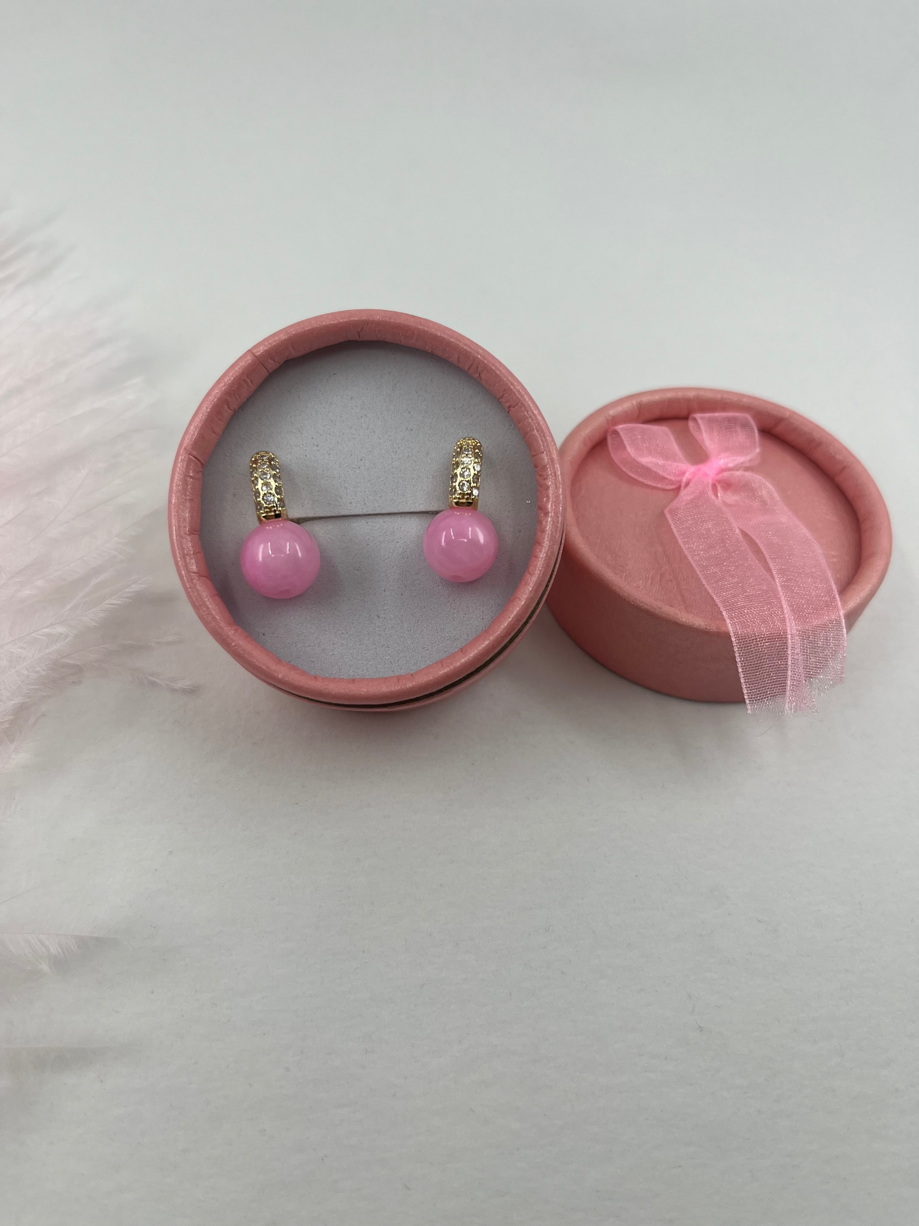 Natural pink Jade Gold Zirconia Earrings