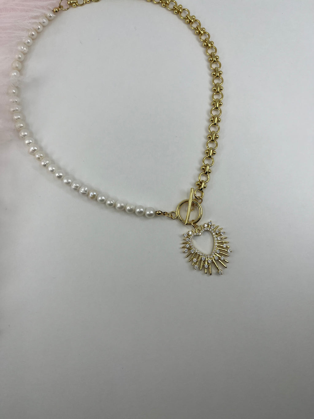 Asymmetrical Pearl Necklace with Heart Pendant, 18K Gold Plated Chain