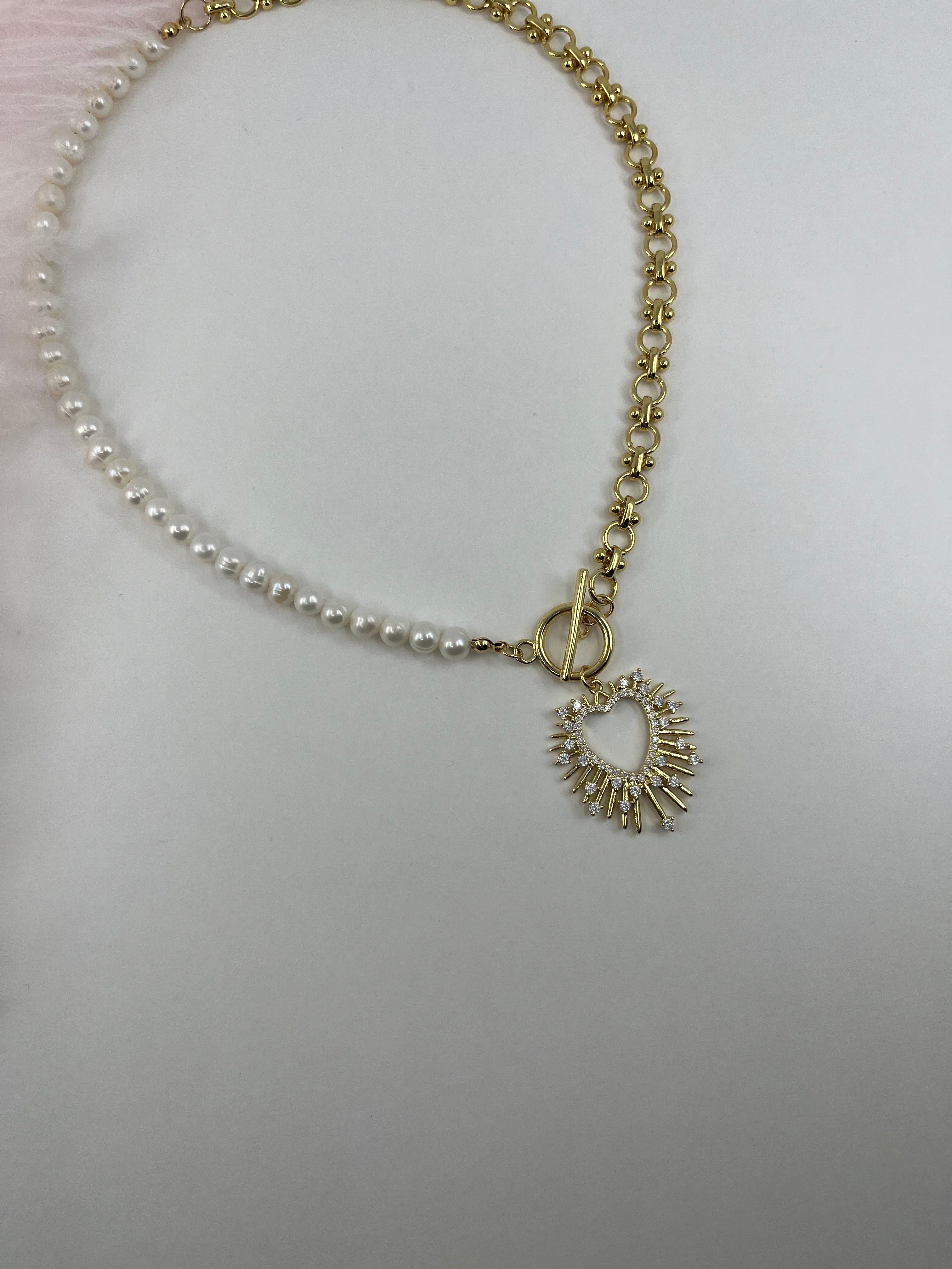 Asymmetrical Pearl Necklace with Heart Pendant, 18K Gold Plated Chain