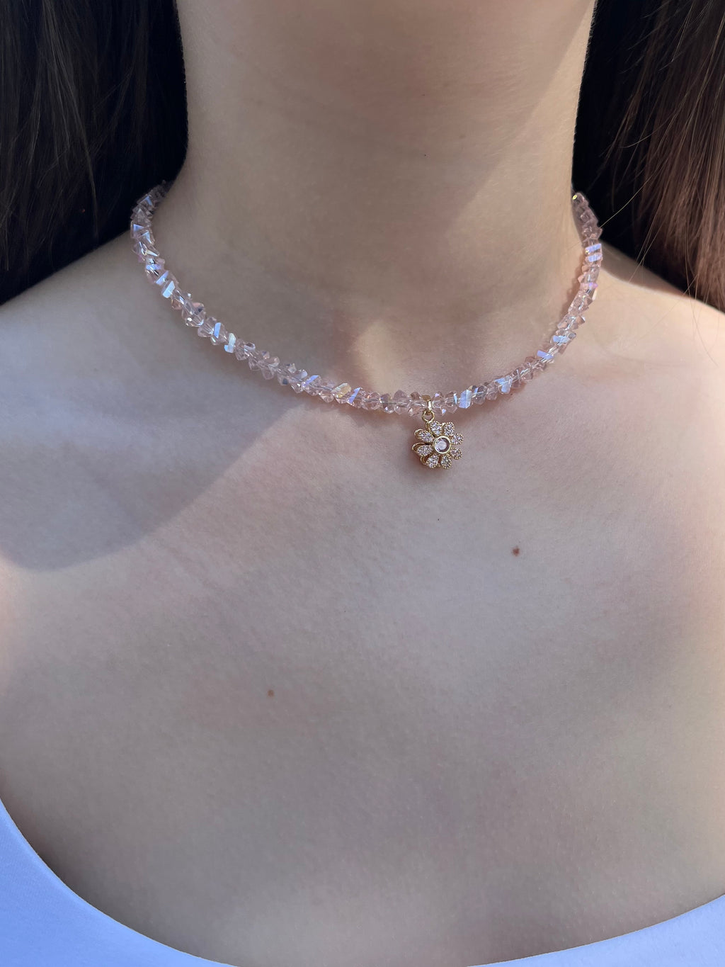 Flower Spinner Crystal Necklace, 18k gold plated