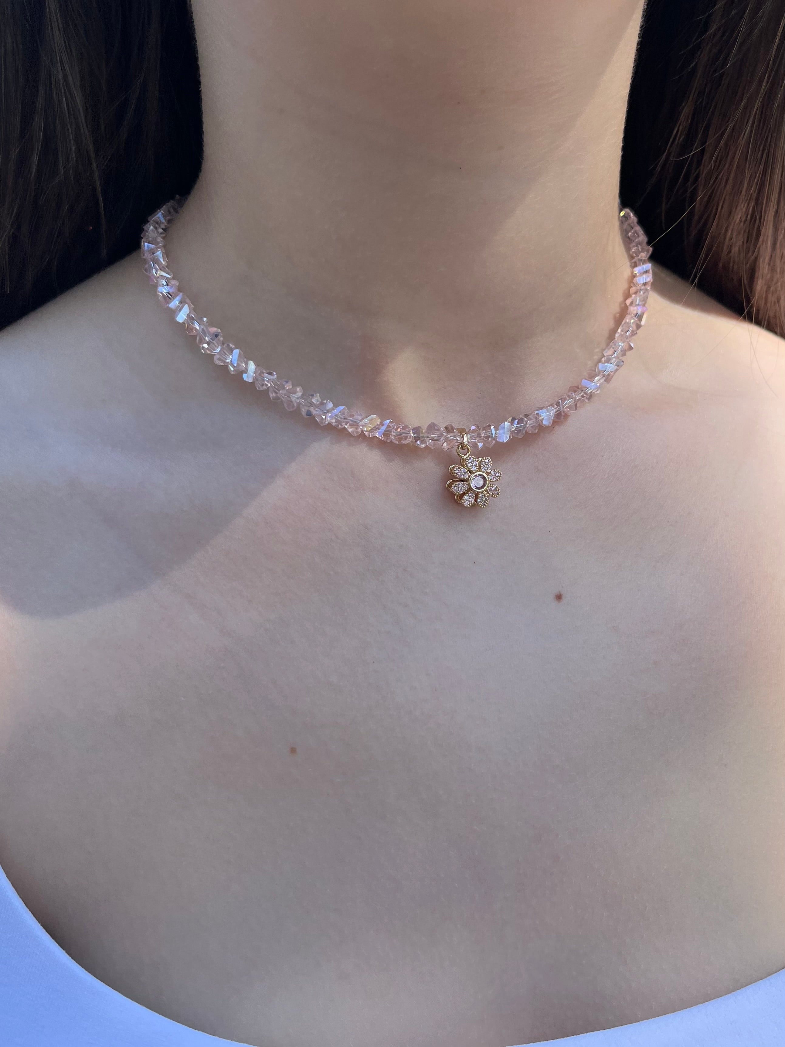 Flower Spinner Crystal Necklace, 18k gold plated