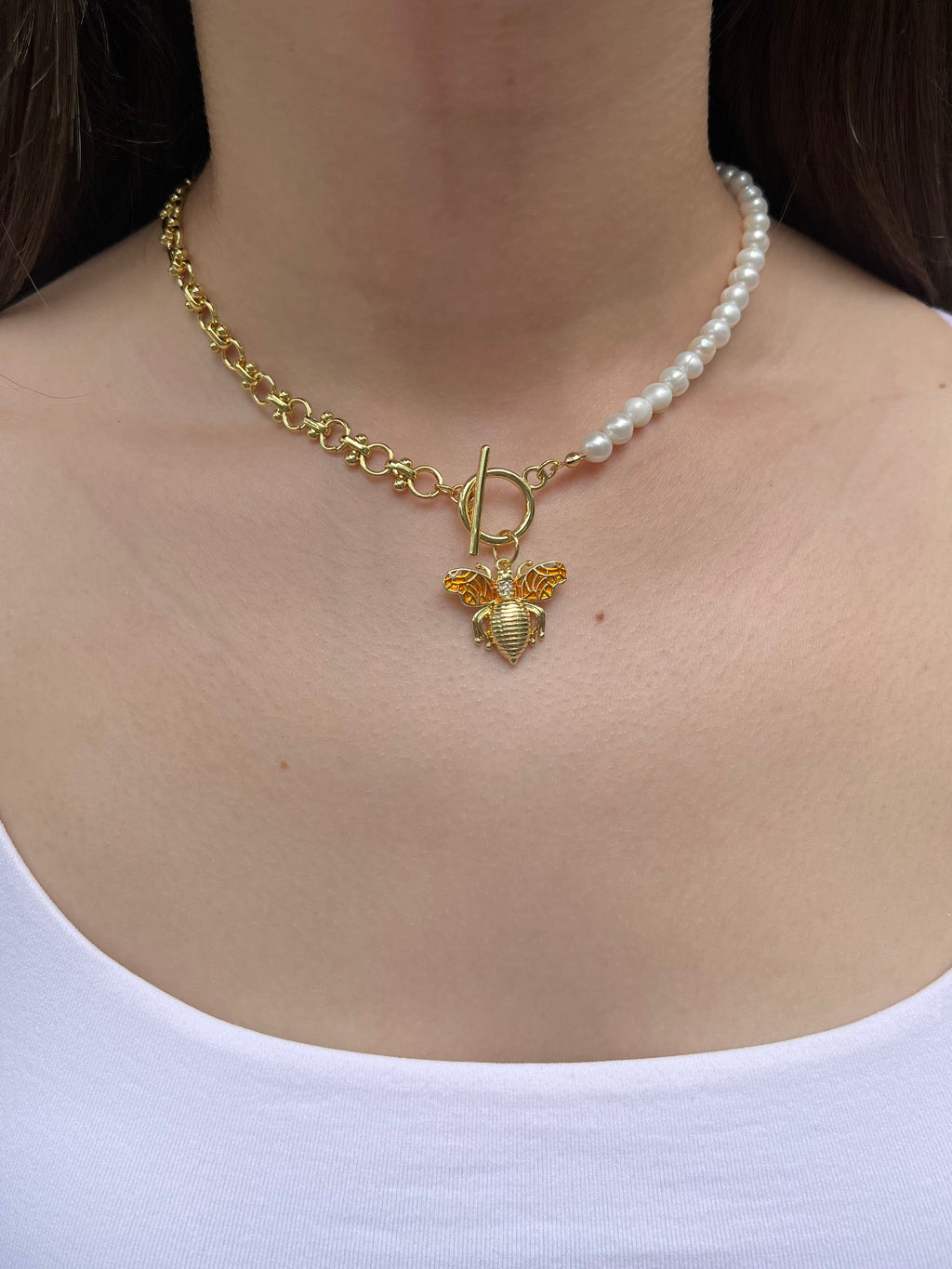 Asymmetrical Pearl Necklace with Bee Pendant, 18K Gold Plated Chain