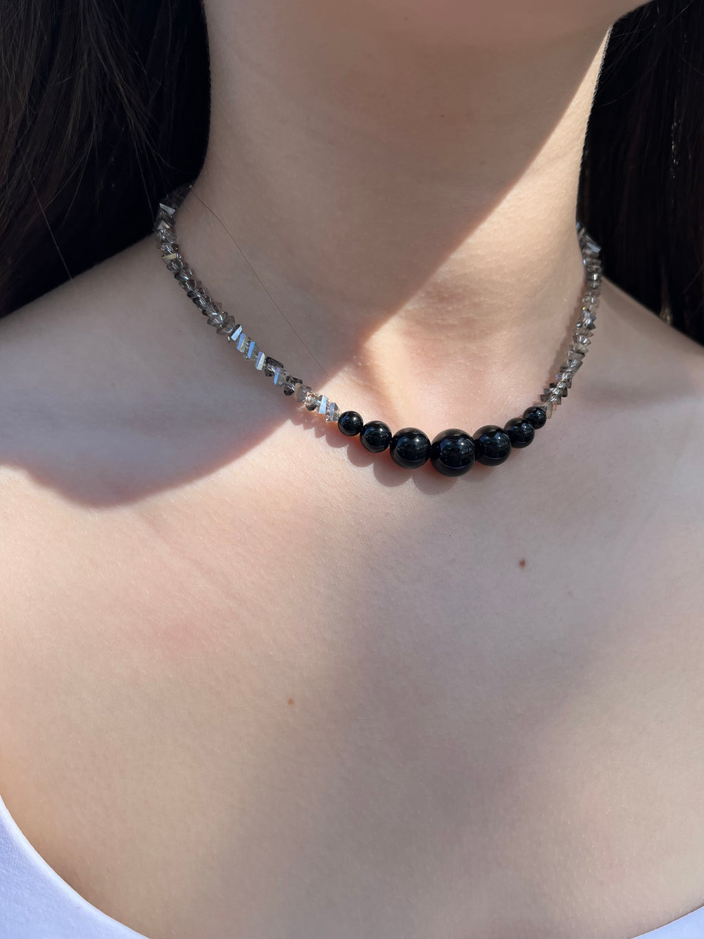 Set: Black Crystal Choker Necklace with onyx and Earrings