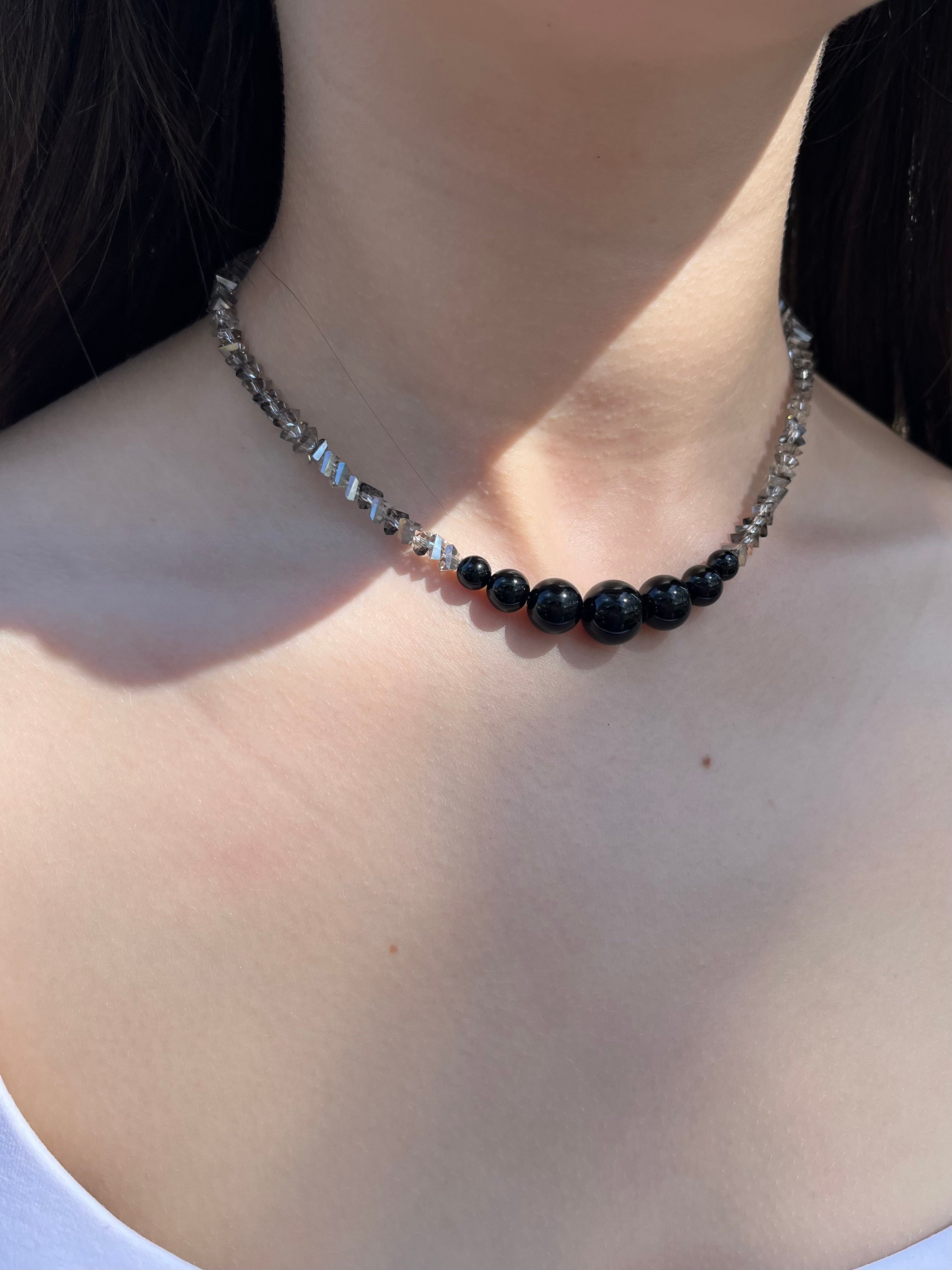 Set: Black Crystal Choker Necklace with onyx and Earrings