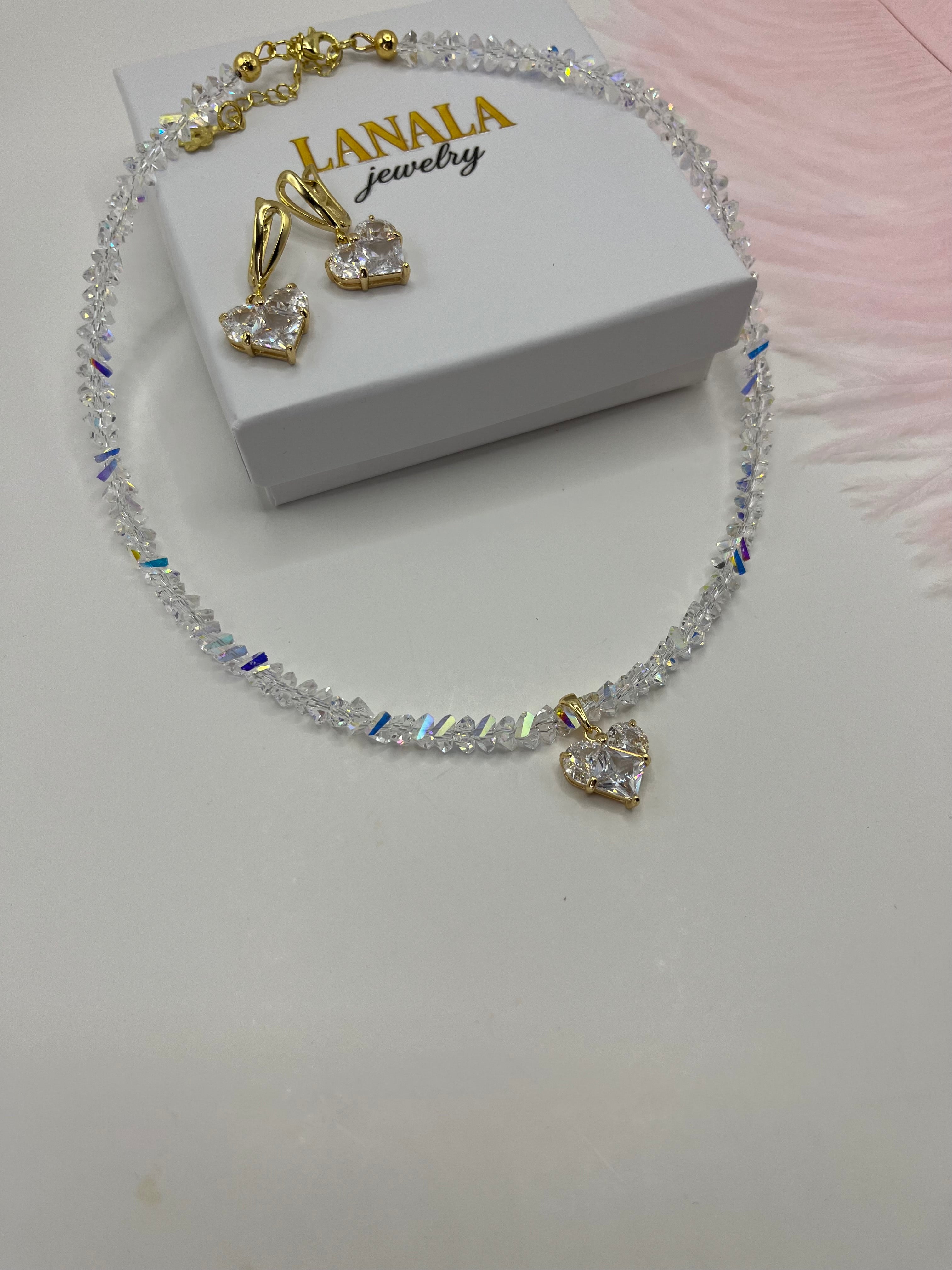 Set: Heart Crystal Choker Necklace and Earrings – 18K Gold Plated, Cubic Zirconia, Nickel Free