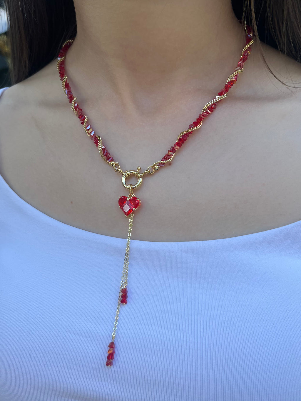 Set: Heart Red Crystal Y-Necklace and Earrings – 18K Gold Plated, Cubic Zirconia