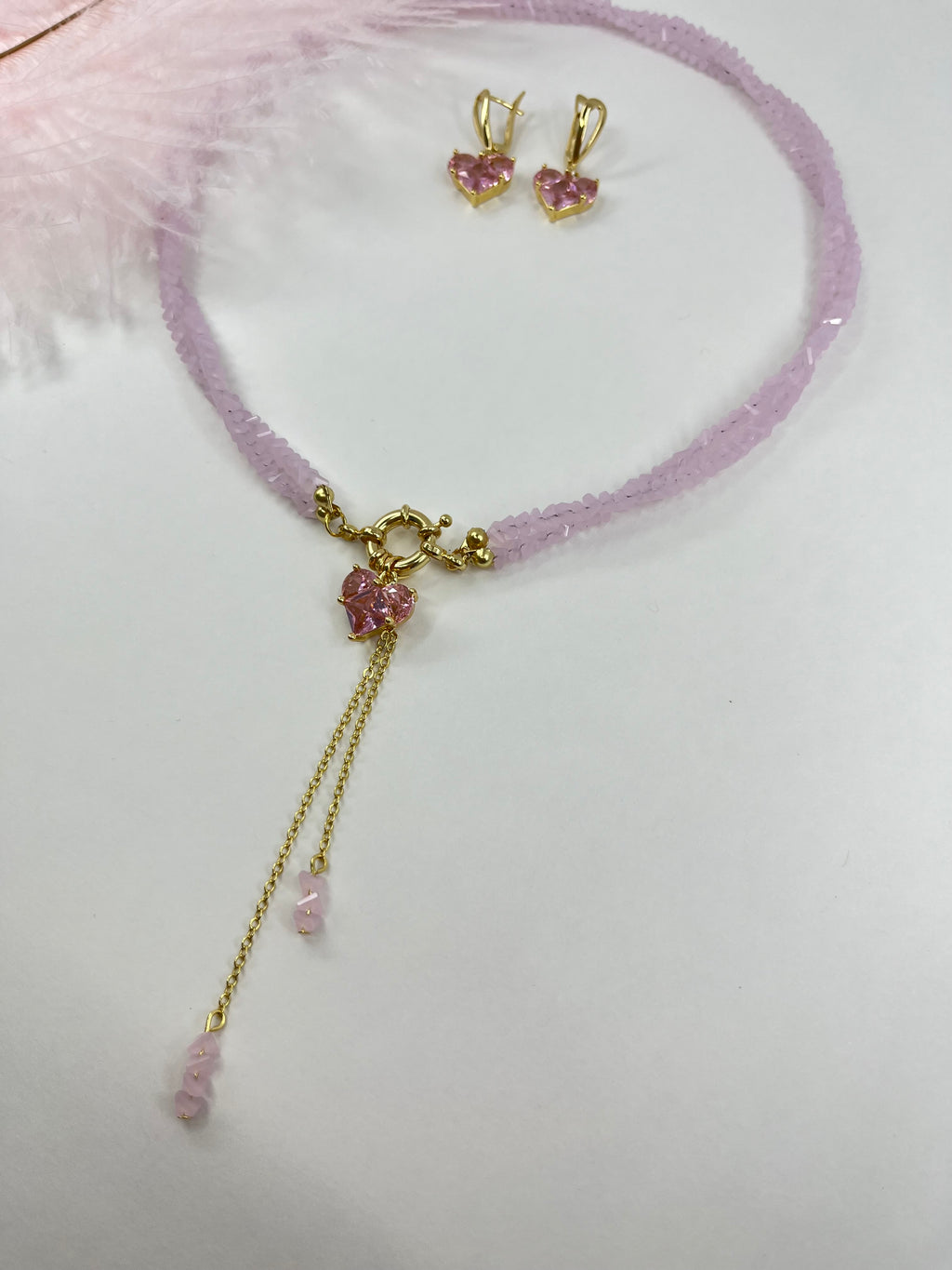 Set: Heart Pink Crystal Y-Necklace and Earrings – 18K Gold Plated, Cubic Zirconia