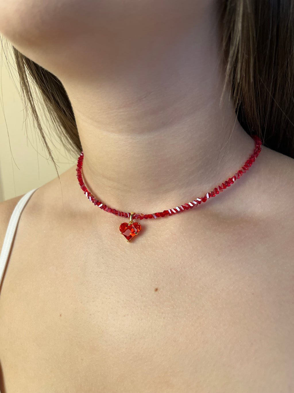Crystal Red Glass Bead Choker: 18K Gold Heart Pendant