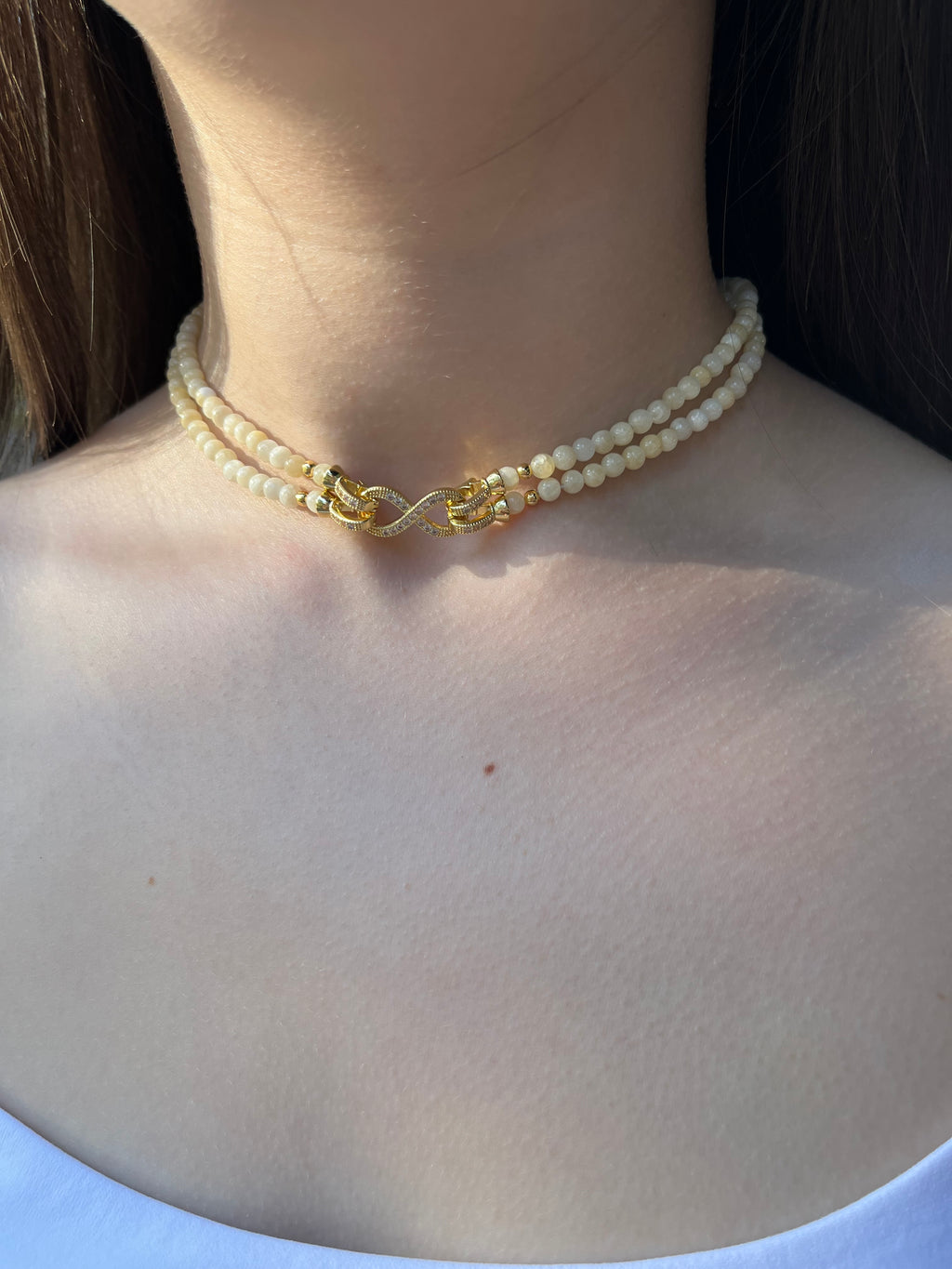 Topaz Jade Choker Necklace : 18K Gold Plated Zirconia Infinity Clasp